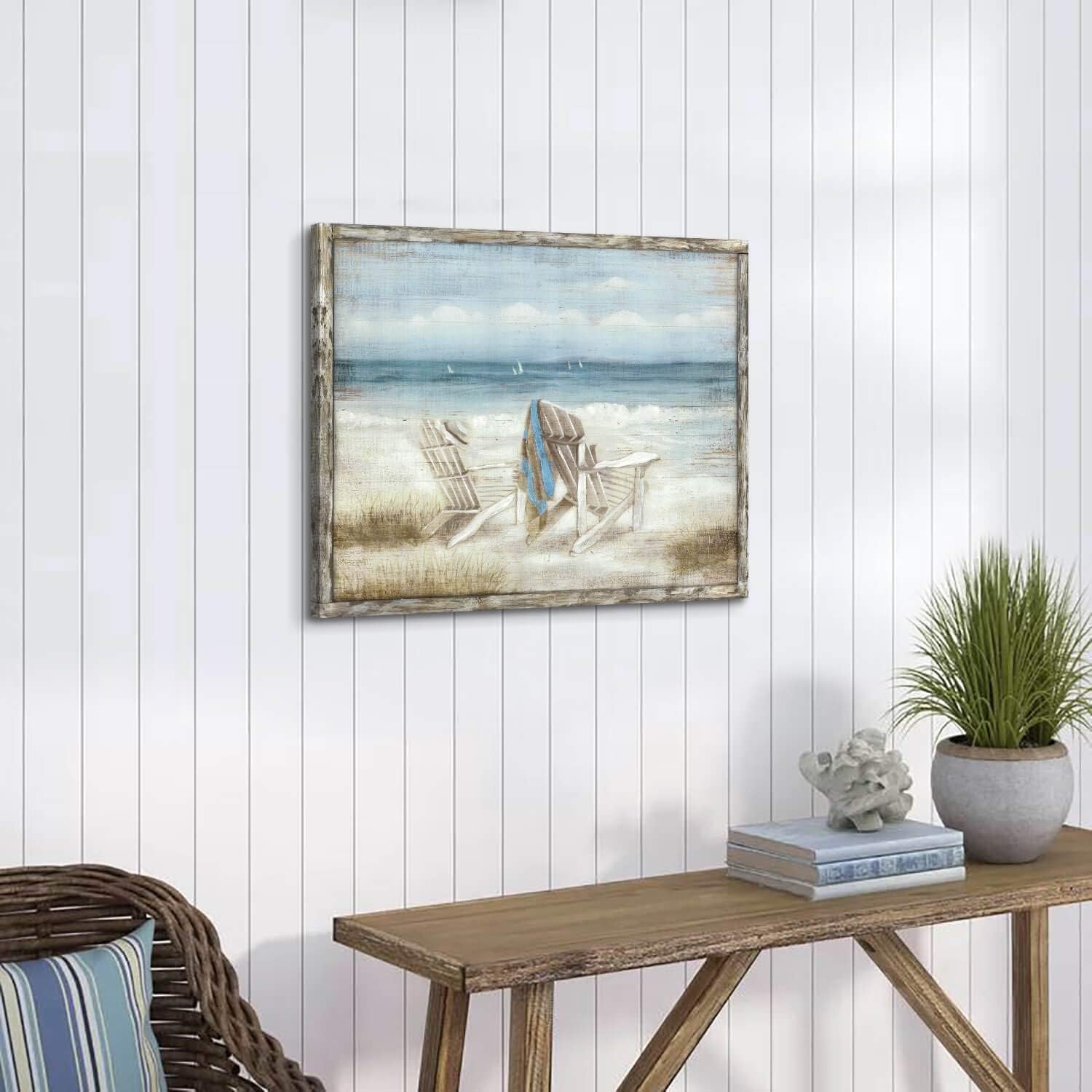 Abstract Seascape Framed Wall Art: Beach Chair on Sand Hand Painted Painting Print for Bedroom (24" W x 18" H, Multiple Sizes/Material) - Image 4
