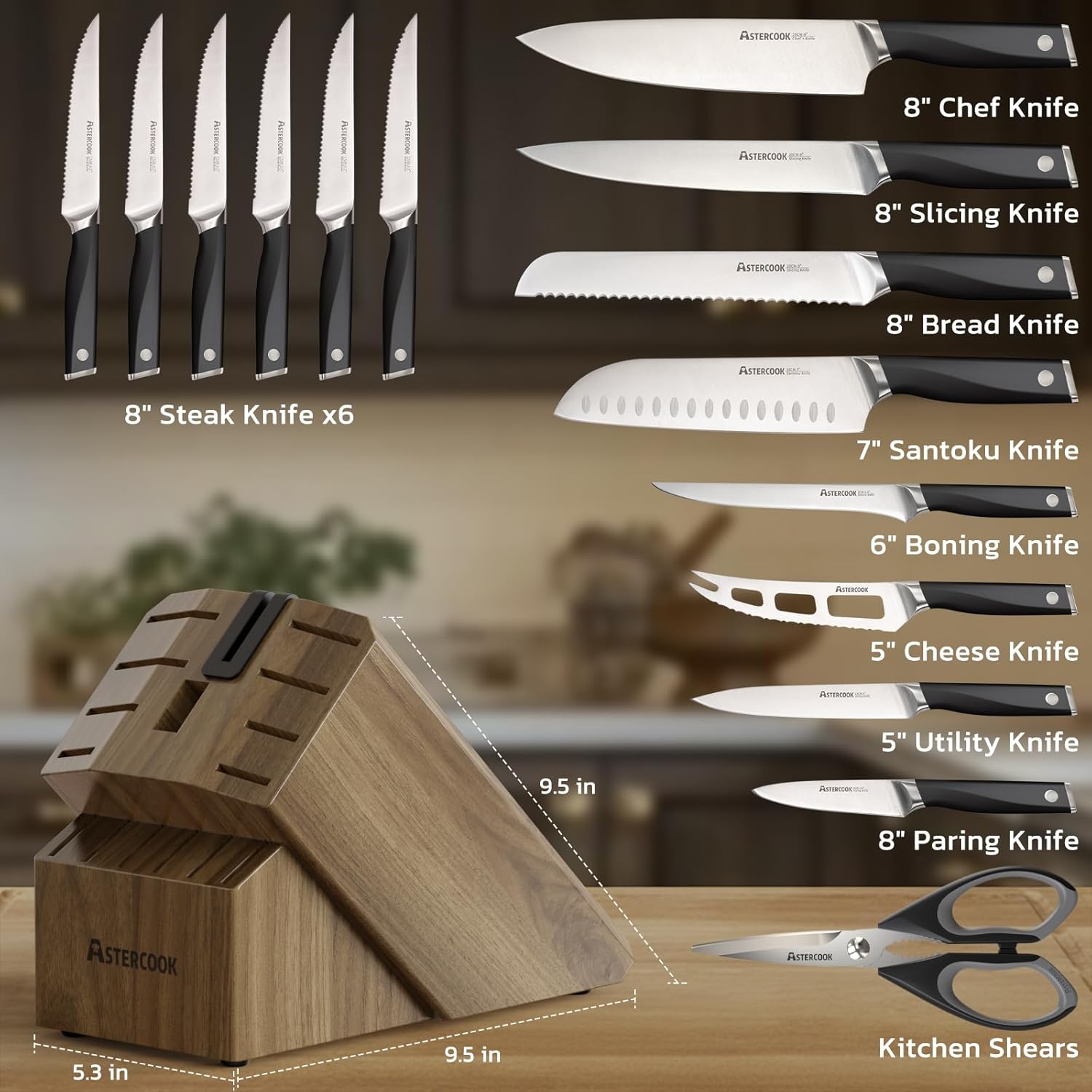 Astercook Knife Set, Kitchen Knives Set with Block and Sharpener Full Tang 17 Pcs German Stainless Steel Knives Sharp Blade Dishwasher Safe Premium Knife Set, Black Father Day Gifts for Men - Image 8