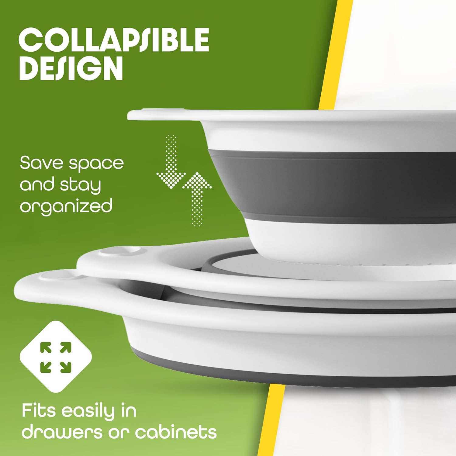 Gevoli Collapsible Colanders (3 Pack Set) Food Strainers with Over-Sink Water Draining Base for Pasta Fruits and Vegetables (Patent Pending) White (3 Sizes, 3QT, 4QT and 5 Quart) - Image 4