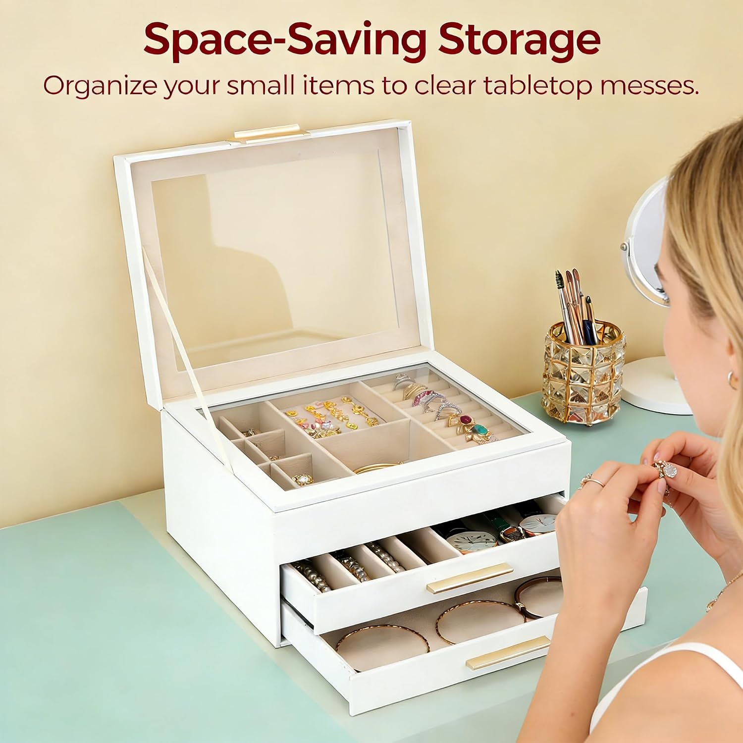 Jewelry Box for Women, 3-Layer Jewelry Box, Jewelry Organizer with Clear Glass Lid and Drawers, Jewelry Organizers and Storage for Necklaces, Rings, Earrings, Bracelets(White) - Image 4