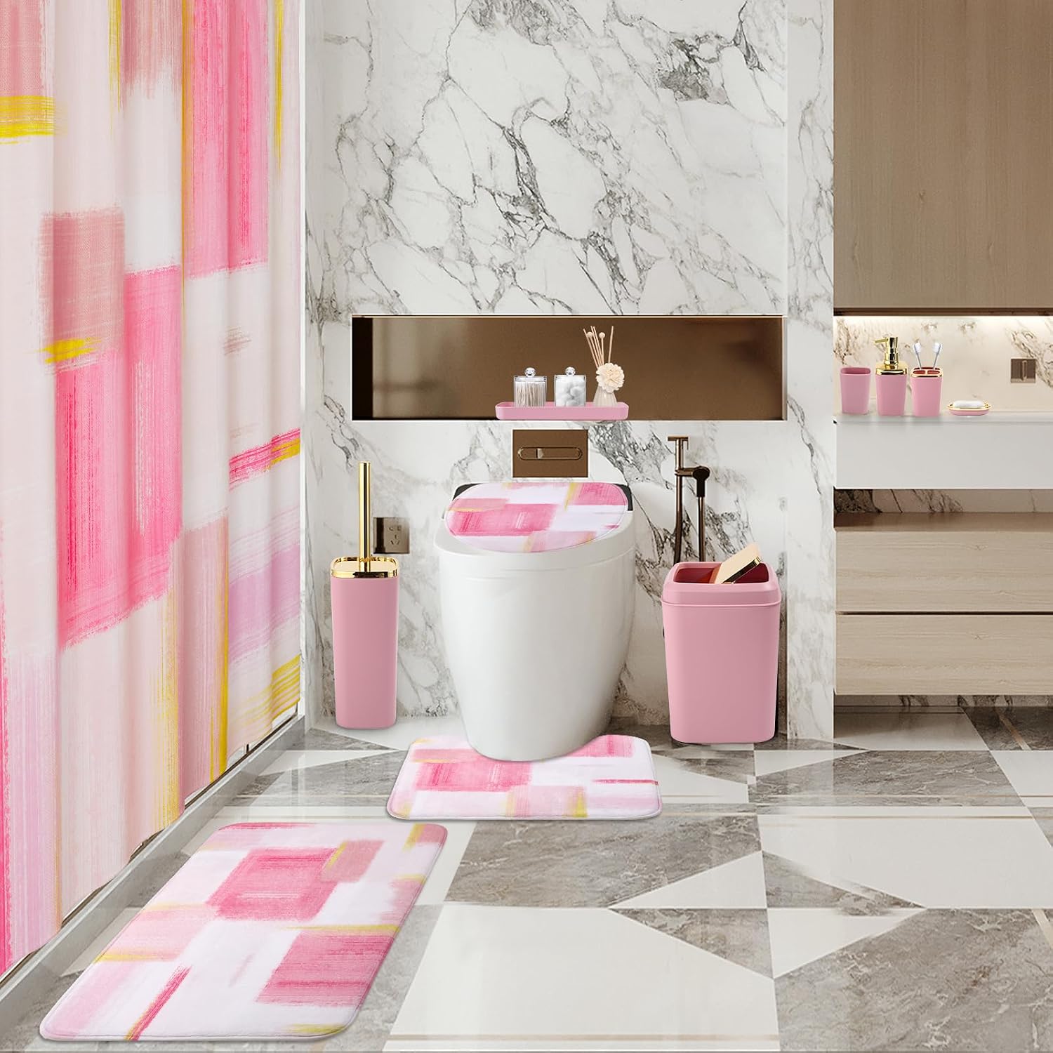 XLHOMO Bathroom Set - Pink and Gold Bathroom Accessories Set, Bathroom Sets with Shower Curtain and Rugs, Pink Shower Curtain Set with Bathroom Trash Can, Soap Dispenser, Soap Dish for Home Decor - Image 7
