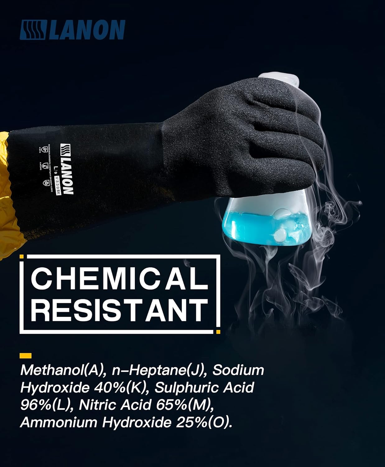 LANON Nitrile Chemical Resistant Gloves, Reusable Heavy-Duty Rubber Gloves with MicroFoam Textured Palm, Acid, Alkali and Oil Protection, Black, Large - Image 2