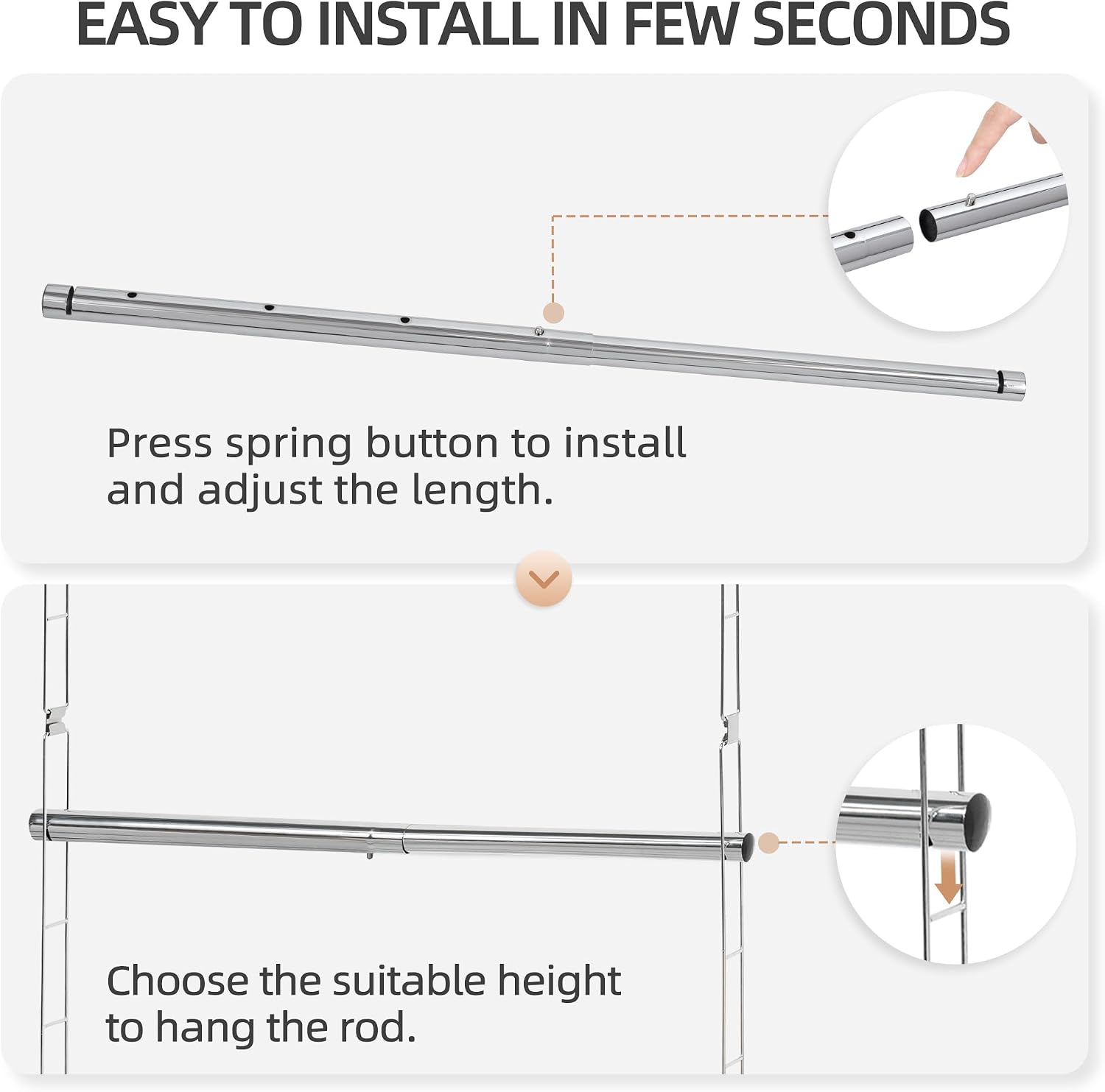 STORAGE MANIAC Hanging Closet Rod, Adjustable Width and Height Closet Hanging Organizer, Space-Saving Clothes Hanging Bar, Closet Extender Hanging Rod Double Closet Hanging Rod, 2 Pack Chrome - Image 4