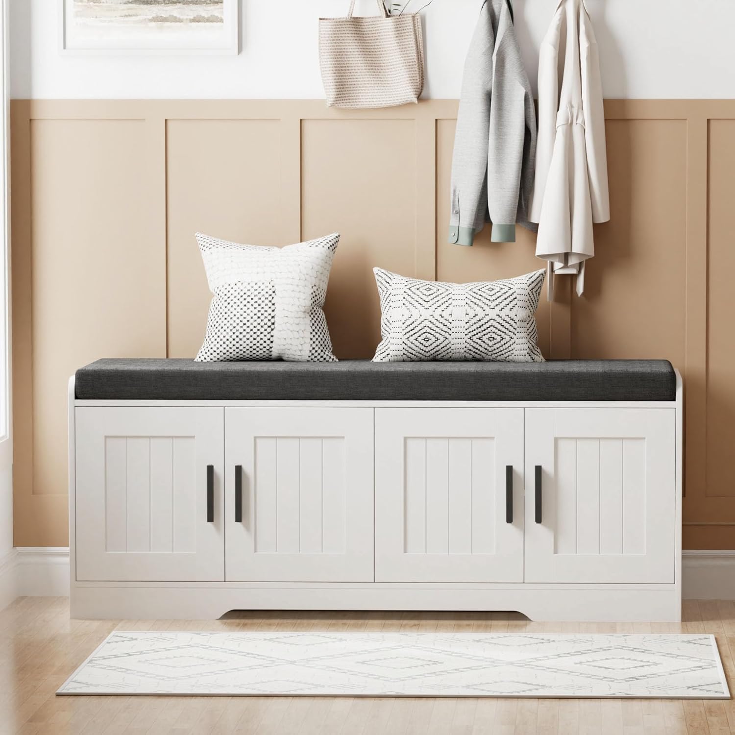 Homleke 2-Tier Storage Bench, Shoe Bench with Thickened Padded Seat Cushion, Entryway Bench with 4 Doors, Adjustable Shelf, 13.8" D x 45.3" W x 18.5" H, for Entryway, Living Room, Bedroom, White - Image 8