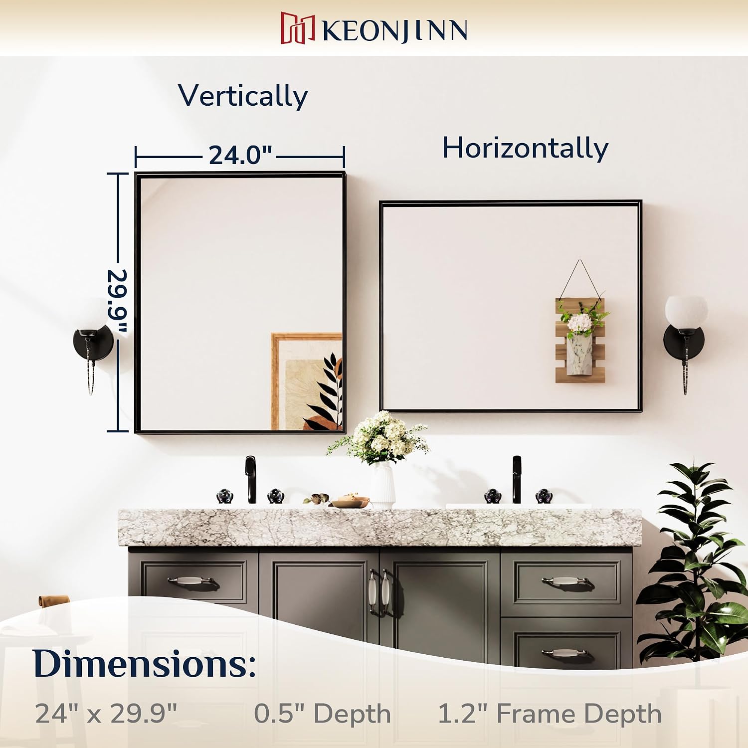 Keonjinn 24 x 30 in Black Bathroom Mirror, Black Brushed Framed Mirror for Over Sink, Rectangle Vanity Mirrors with Square Corner, Alumium Alloy Frame, Modern Farmhouse Style - Image 8
