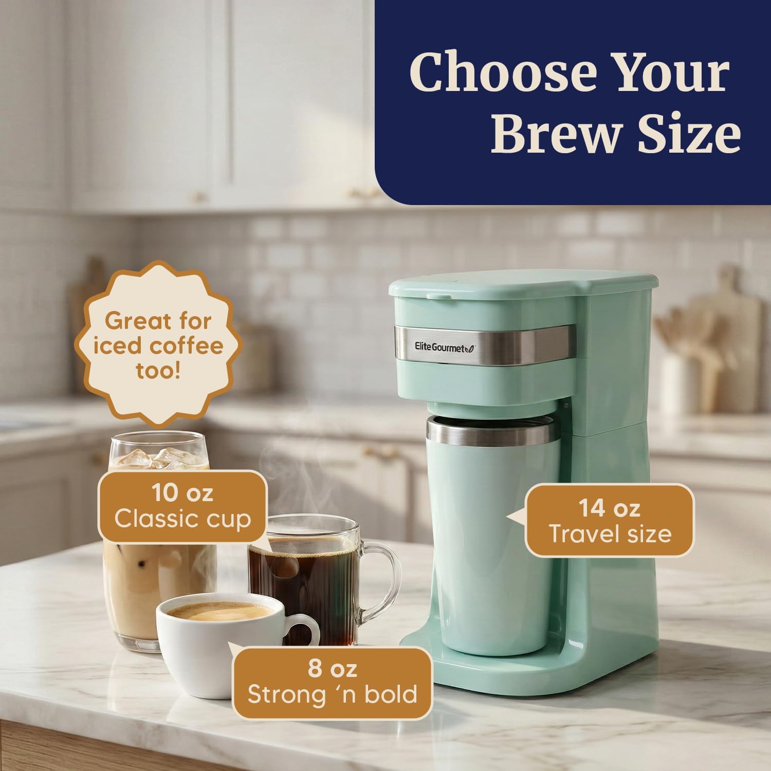 Elite Gourmet EHC113M Personal Single-Serve Compact Coffee Maker Brewer Includes 14Oz. Stainless Steel Interior Thermal Travel Mug, Compatible with Coffee Grounds, Reusable Filter, Mint - Image 7