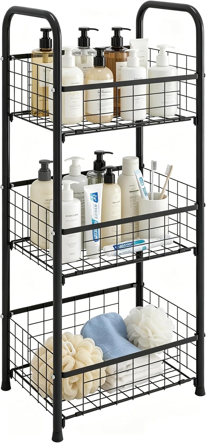 PROXRACER 3-Tier FreeStanding Open Shelf,Bathroom Organizer Shelves Unit with Adjustable Feet, Metal Steel Storage Tower Organizer Rack Basket Cart for Bathroom, Living Room, Balcony, Kitchen - Image 7