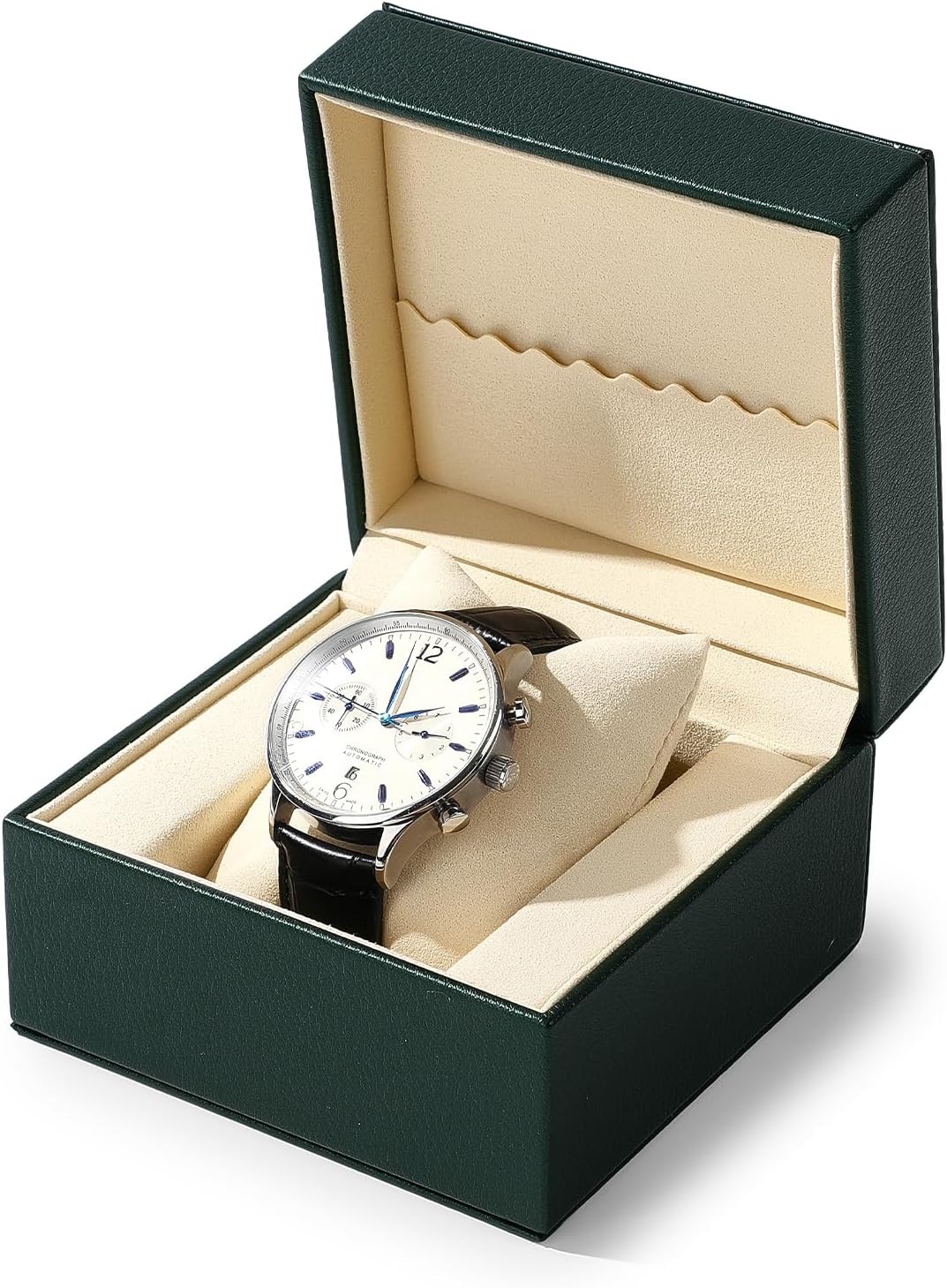 Single Watch Box, PU Leather Luxury Case for Gift & Storage Green | Premium Soft Microfiber Lining, Removable Watch Pillow, Sturdy Hinged Design, For Travel, Fits Most Standard Wristwatches - Image 2