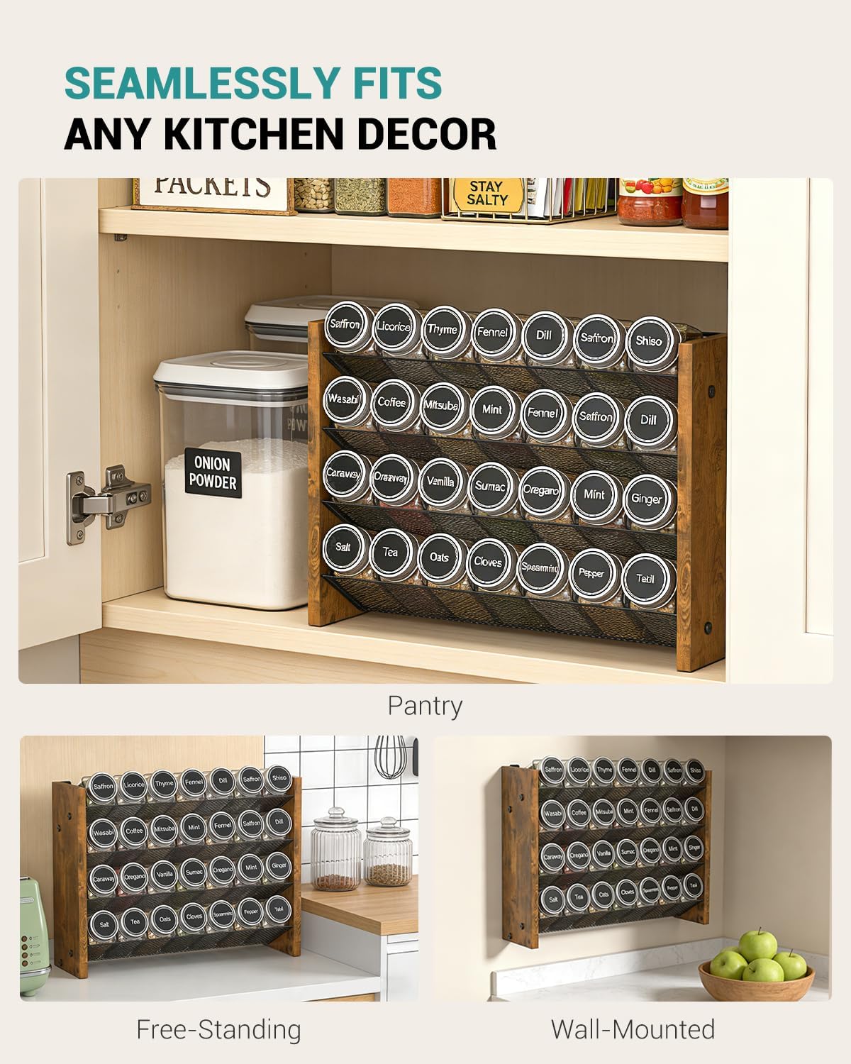 NESAPTO Spice Rack Organizer for Cabinet, Wood 4-Tier Vertical Seasoning Organizer, Wall Mount or Countertop Spice Shelf, Holds 28 Jars (No Jars Included), 14" W x 9.4" H - Image 6