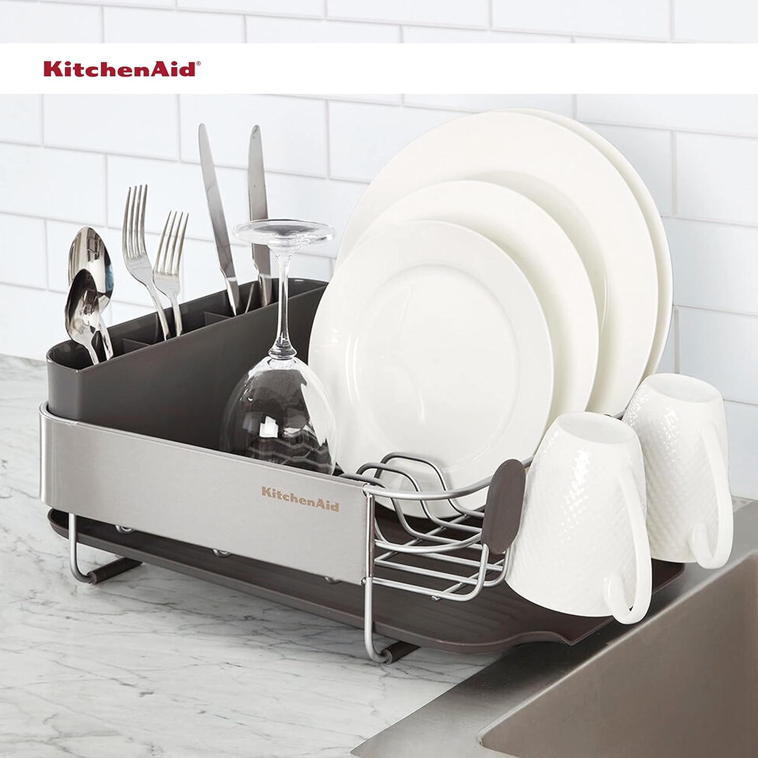 KitchenAid Compact, Space Saving Rust Resistant Dish Rack with Removable Flatware Caddy and Angled Self Draining Drainboard, 16.06-Inch, Black - Image 6