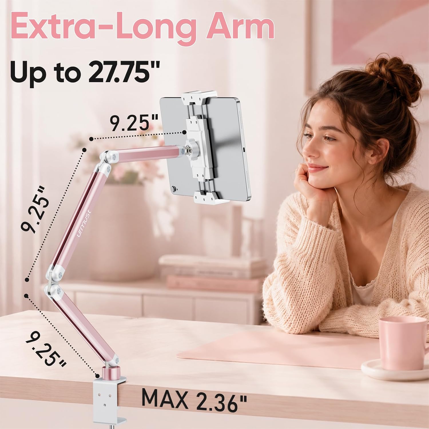 Urmust Portable Monitor Stand 15.6", iPad Stand for Desk, Portable Monitor Holder up to 18.5", Adjustable Desktop Tablet Arm Mount, iPad Holder for Desk, for 4.7"-12.9" i Pad Pro/Air/Mini Pink - Image 9