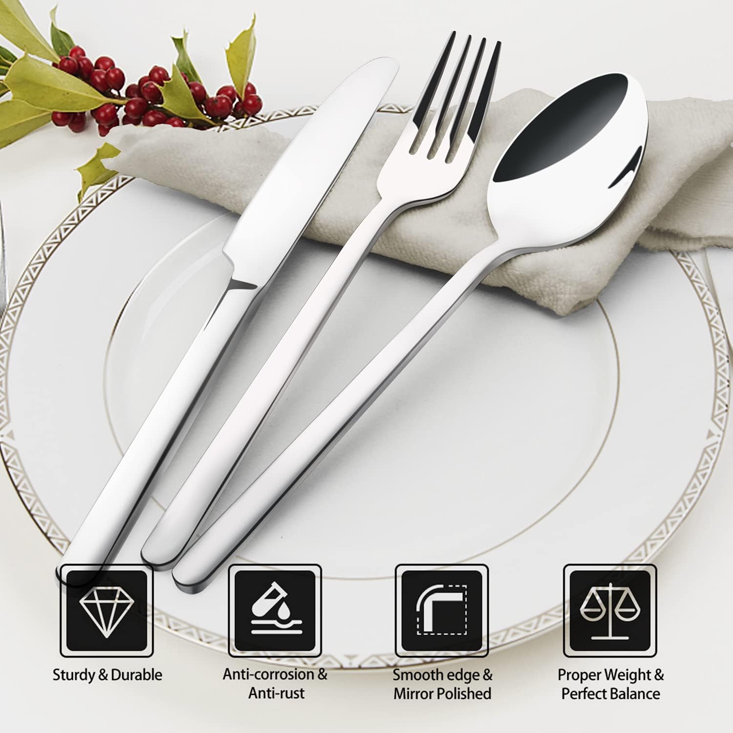 KINGSTONE 40 Piece Silverware Set, Flatware Set for 8, 18/10 Stainless Steel Cutlery Set Mirror Polished Modern Design Dishwasher Safe - Image 3