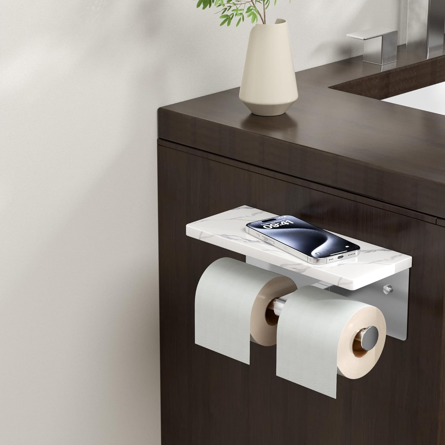 FORIOUS Toilet Paper Holder with Shelf, Marble Wall Mount Tissue Roll Holder for Bathroom, Washroom, 304 Stainless Steel Double Commercial Toilet Tissue Dispensers with Phone Shelf, Brushed Nickel - Image 2