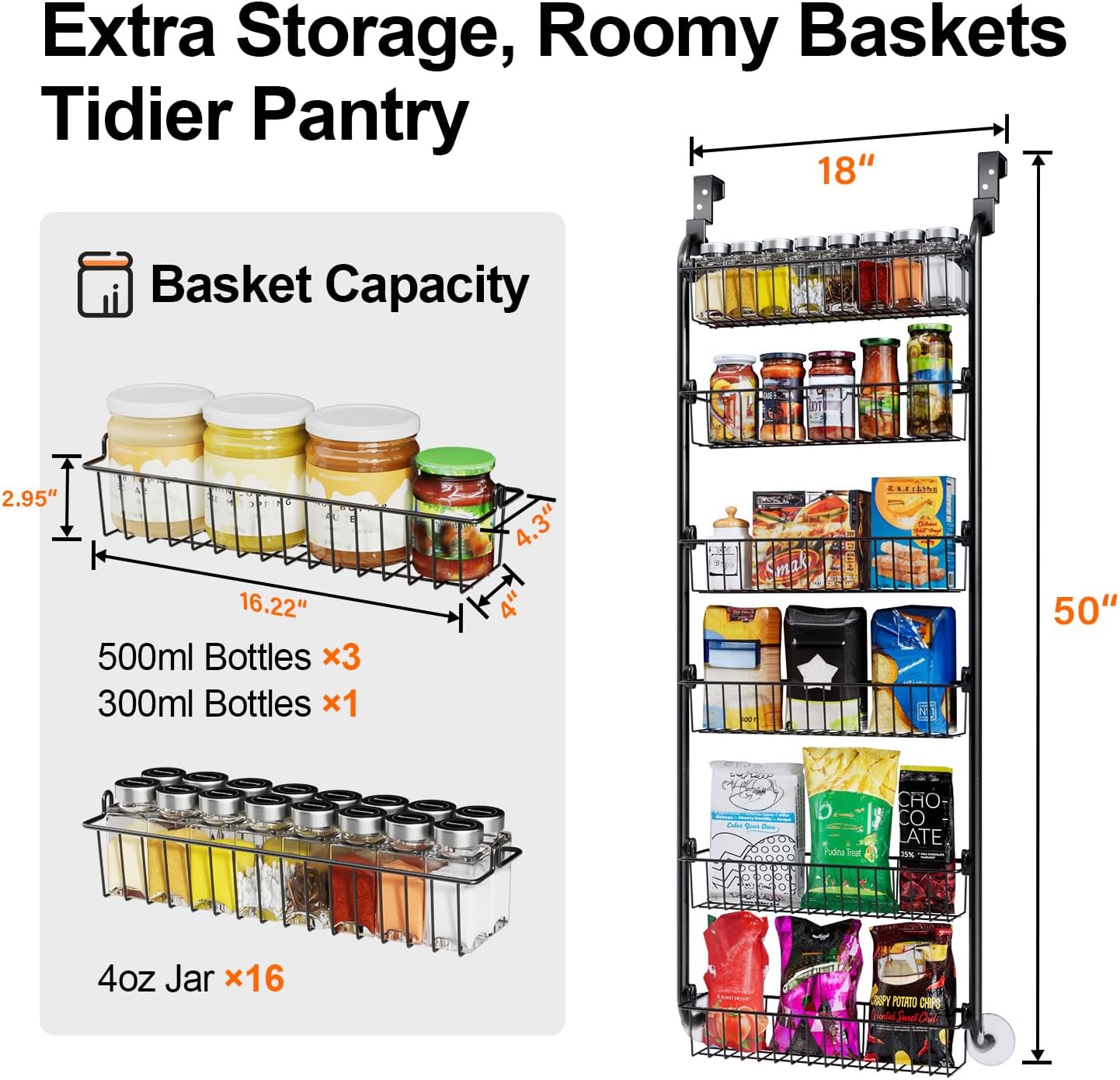 Delamu Over the Door Pantry Organizer, 6-Tier Metal Pantry Door Organization and Storage, Hanging Kitchen Basket Spice Rack Seasoning Shelves, Cabinet Door Organizer for Easy Install,D5xW18xH50inch - Image 3