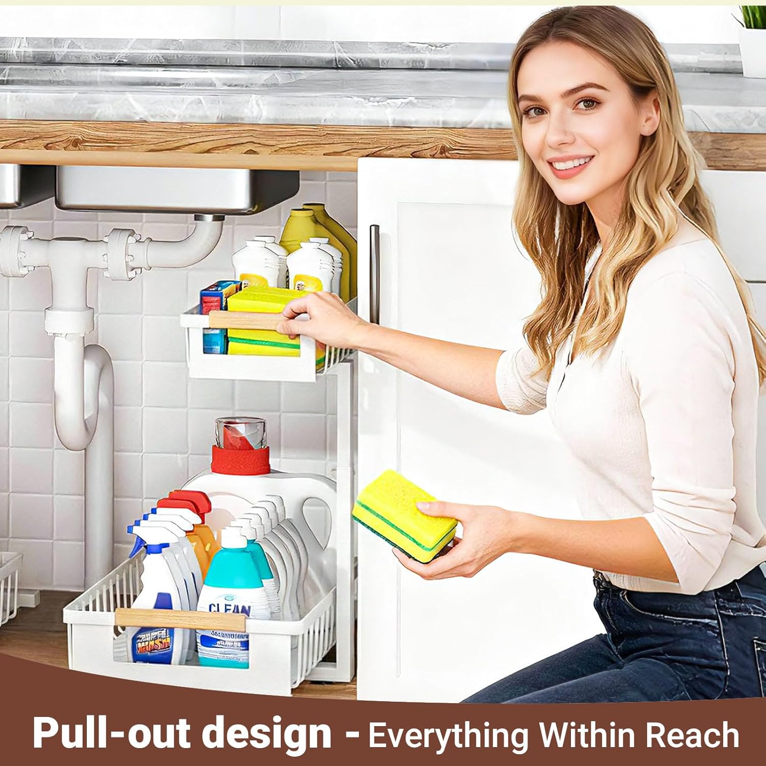 2 Pack Under Sink Organizer, 2 Tier Pull Out Cabinet Organizer with 5-Level Adjustable Height, Sliding Metal Storage Rack for Kitchen Bathroom Pantry, White - Image 5