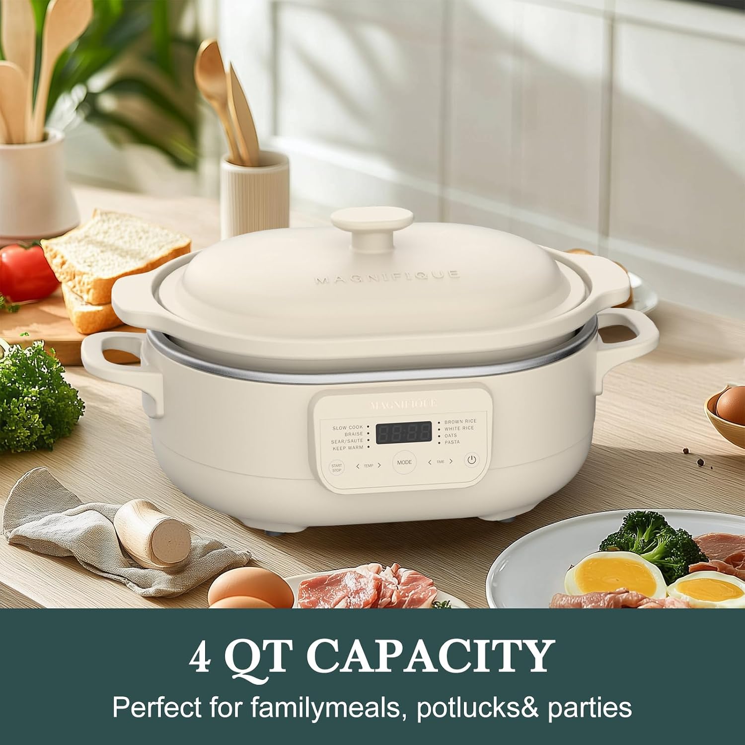 MAGNIFIQUE 4 Quart Programmable Casserole Slow Cooker, 8-in-1 Multi Cooker with Removable Non-Toxic Stoneware Crock, Claypot Slow Cooker, Rice-cooking, Nonstick, Oven Safe Pot to 450°F, Oatmeal - Image 8
