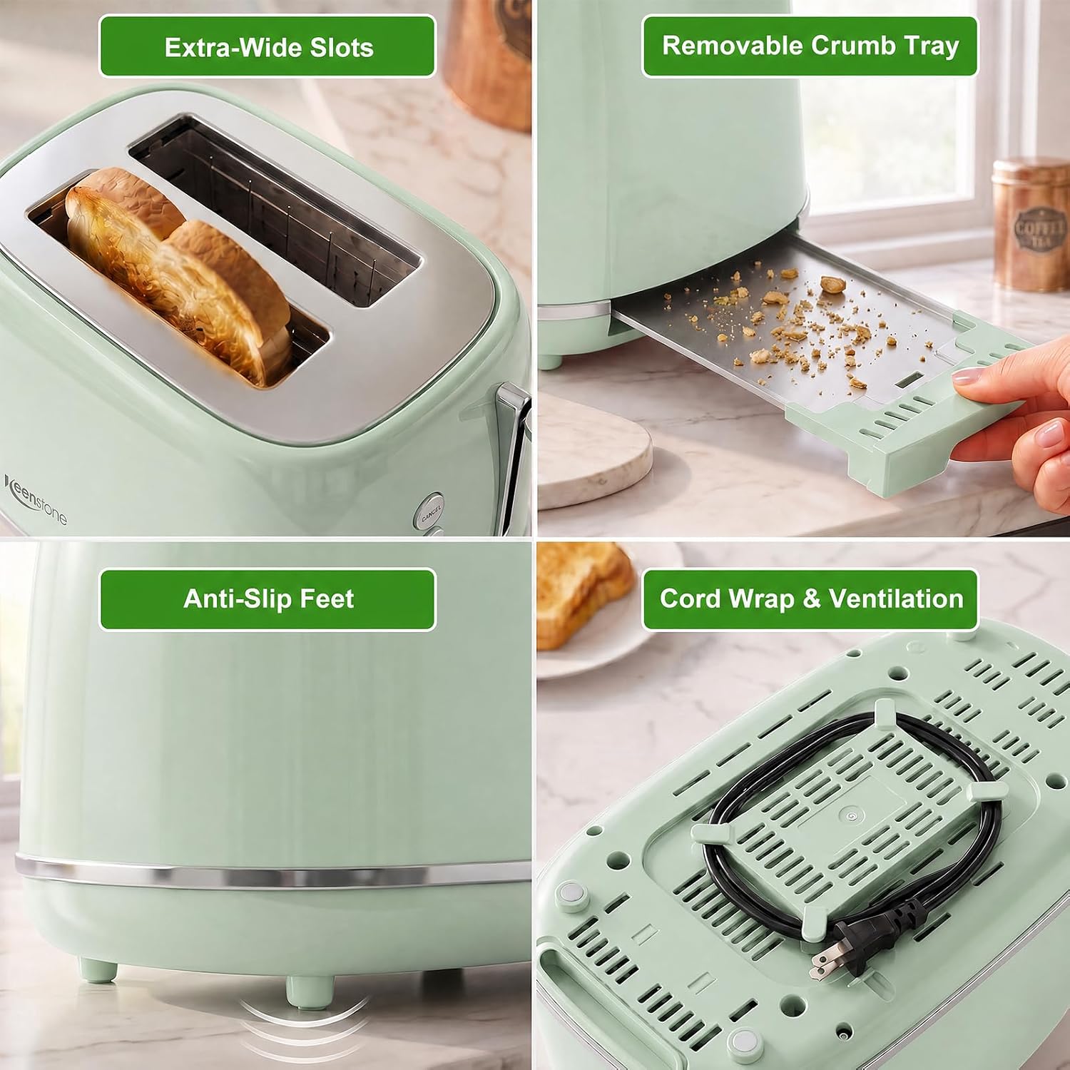 2 Slice Stainless Steel Toaster Retro with 6 Bread Shade Settings, Bagel, Cancel, Defrost Function, Extra Wide Slot, Removable Crumb Tray Green - Image 6