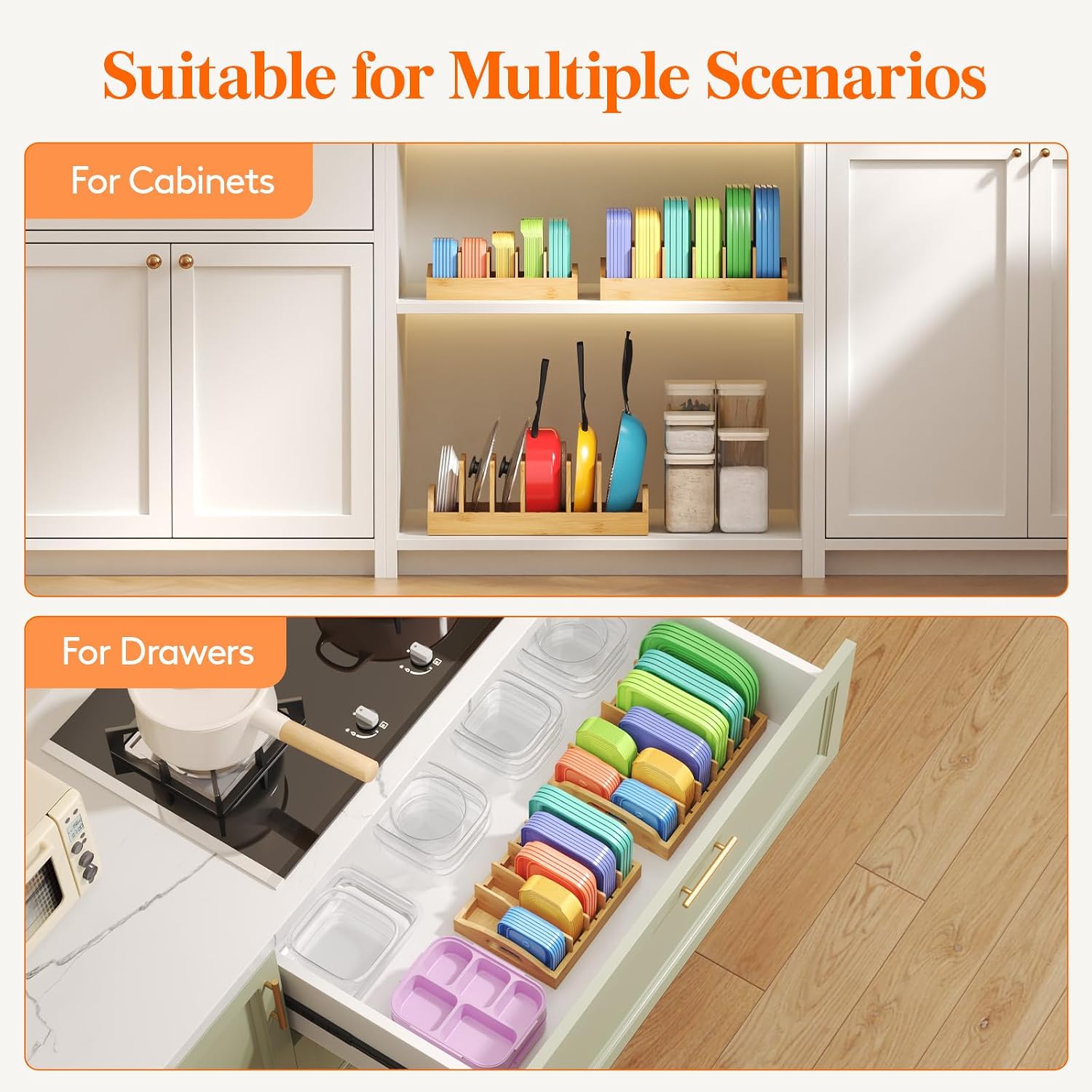 Lifewit Bamboo Lid Organizers for Inside Cabinet, Food Storage Container Lid Holder with 4 adjustable Inserts & 5 Sections, Kitchen Pantry organizer and storage, 10.6" X 8.3" - Image 4