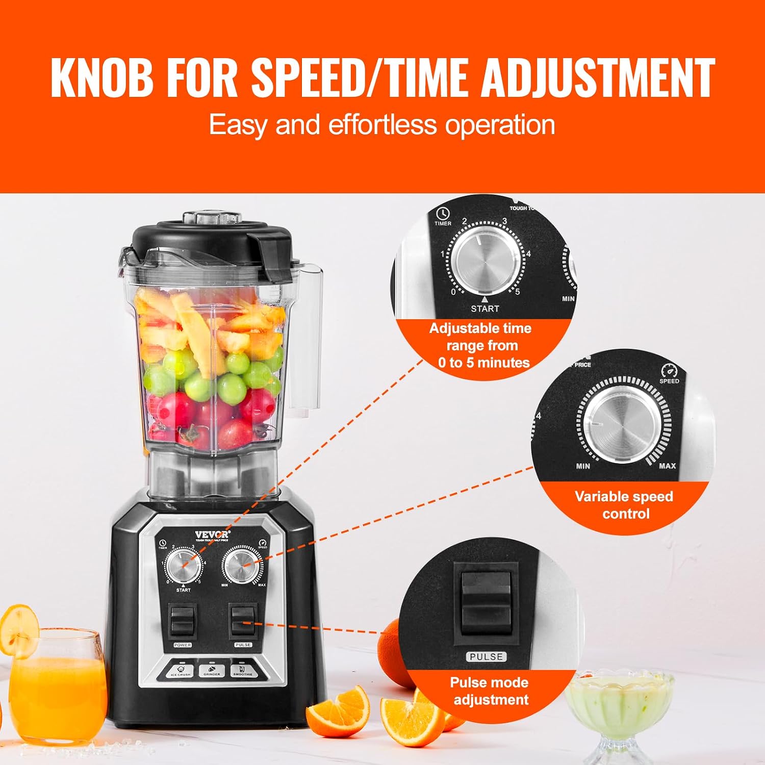 VEVOR Professional Blender, Commercial Countertop Blenders, 68 oz Jar Blender Combo, Stainless Steel 3 Functions, for Frozen Drinks, Shakes, Smoothies, Peree, and Crush Ice, Black - Image 4