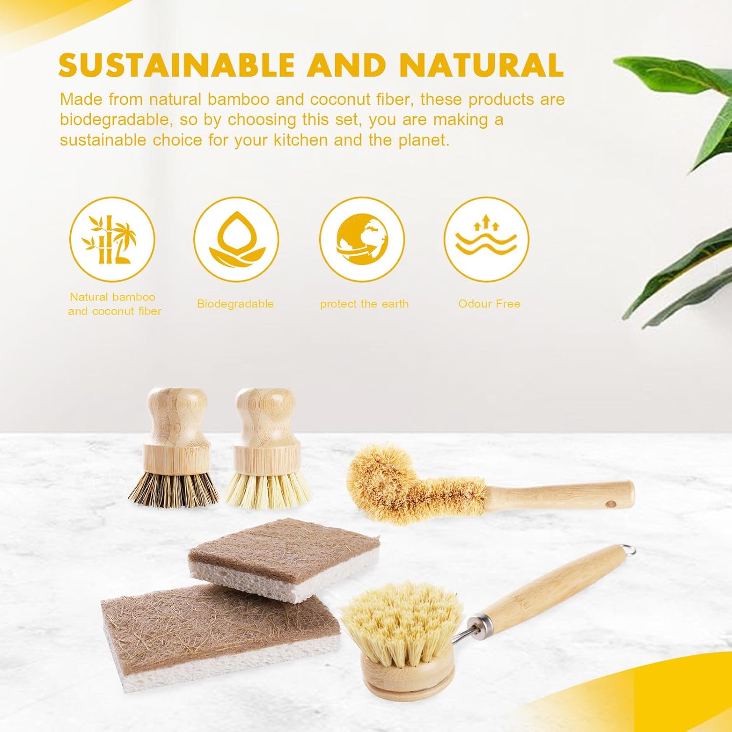 DEBETOOL 6 Piece Bamboo Dish Brush Set with Coconut Sponge - Wooden Dish Brush with Sisal and Palm Fiber, Natural Bamboo Dish Scrub Brush for Kitchen Cleaning Dishes, Pots, Pans, Bottles, Vegetables - Image 7