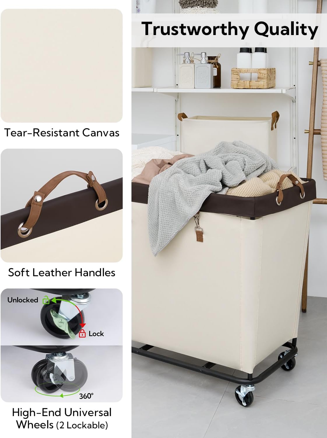 StorageWorks 320L Laundry Basket with Wheels, Extra Large Rolling Hampers for Clothing Organizer, Dirty Clothes Basket for Hotel, Home, Closet, Dorm, Beige - Image 4