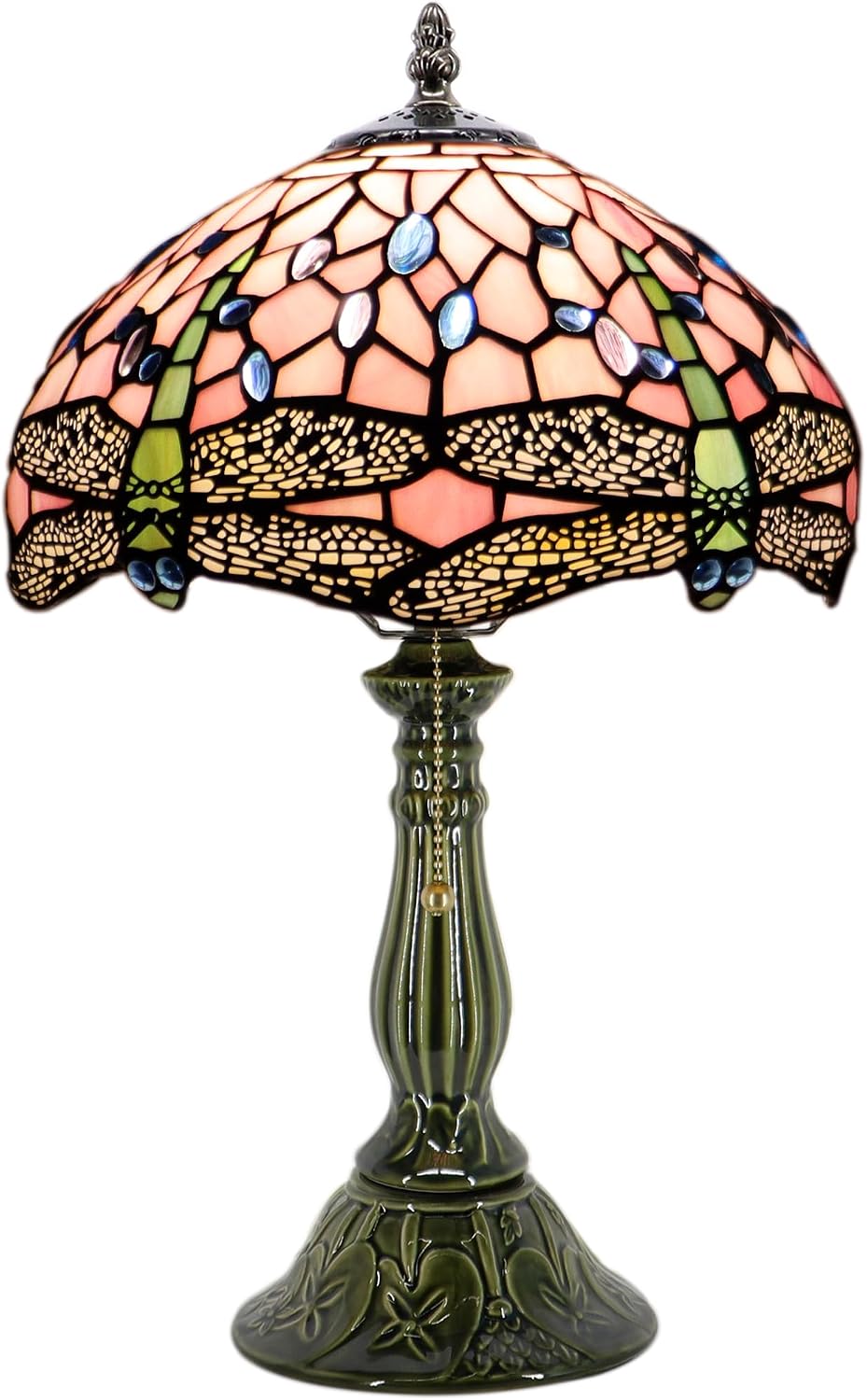 Tiffany Style Stained Glass Table Lamp 18.5 Inch - Pink Dragonfly | 12X12X18.5 Inch, E26 Bulb Base,Pull Chain Switch, Ceramic Base, Bedside, Bedroom, Living Room, Office, Reading Light,