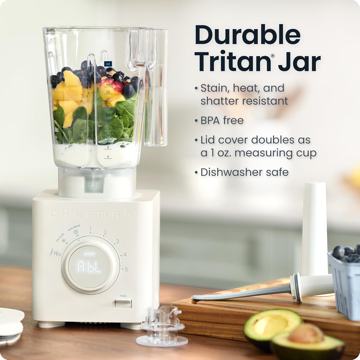 Chefman Obliterator 48 oz Countertop Blender for Smoothies, 1380W Motor to Crush Ice, Nuts, and Frozen Fruit with Stainless Steel Blade, Auto Blend Function, Includes Tamper and Scraper - Image 5