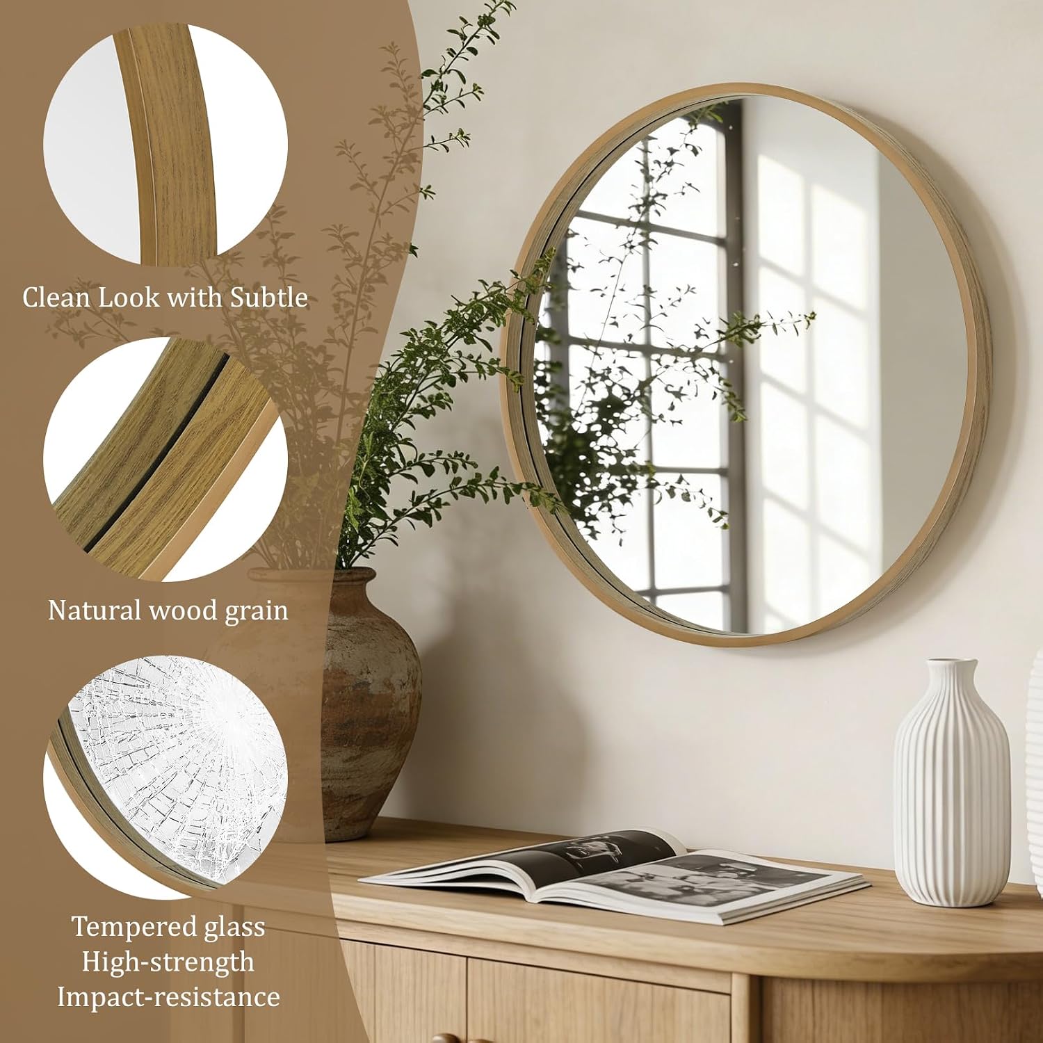 WallBeyond Round Wood Mirror 24 inch Circle Wall Mirror for Bathroom Round Wall Mirror for Wall Decor, Vanity, Entryway Living Room (Natural) - Image 4