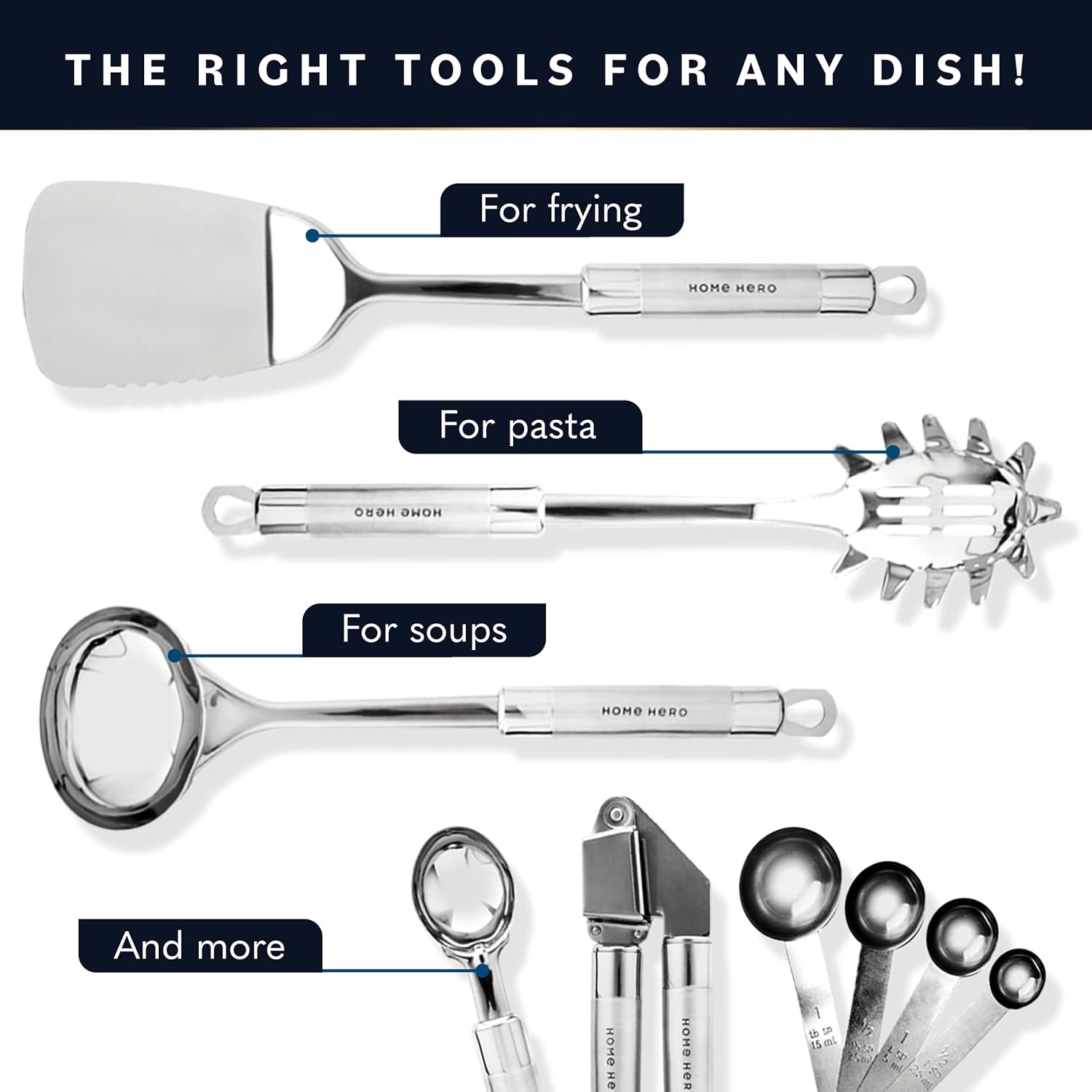 Home Hero 54-Piece Stainless Steel Kitchen Utensils Set - Heat-Resistant Nonstick Silicone & Stainless Steel Cooking Utensils - Complete Tools with Slotted Spoon & Pasta Spoon - Pack of 54, Silver - Image 4