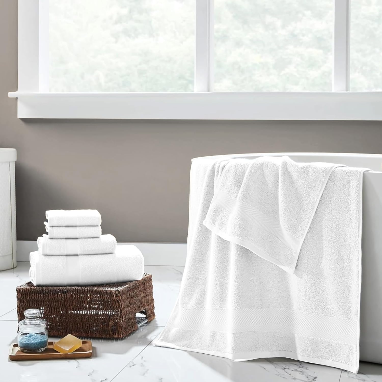 Viscose from Bamboo Bath Towels Set of 6 - Extra Plush 700 GSM Quick Dry Cotton Blend for Luxury Bathroom Comfort - Super Soft, Large, Absorbent - Chalk - Image 8