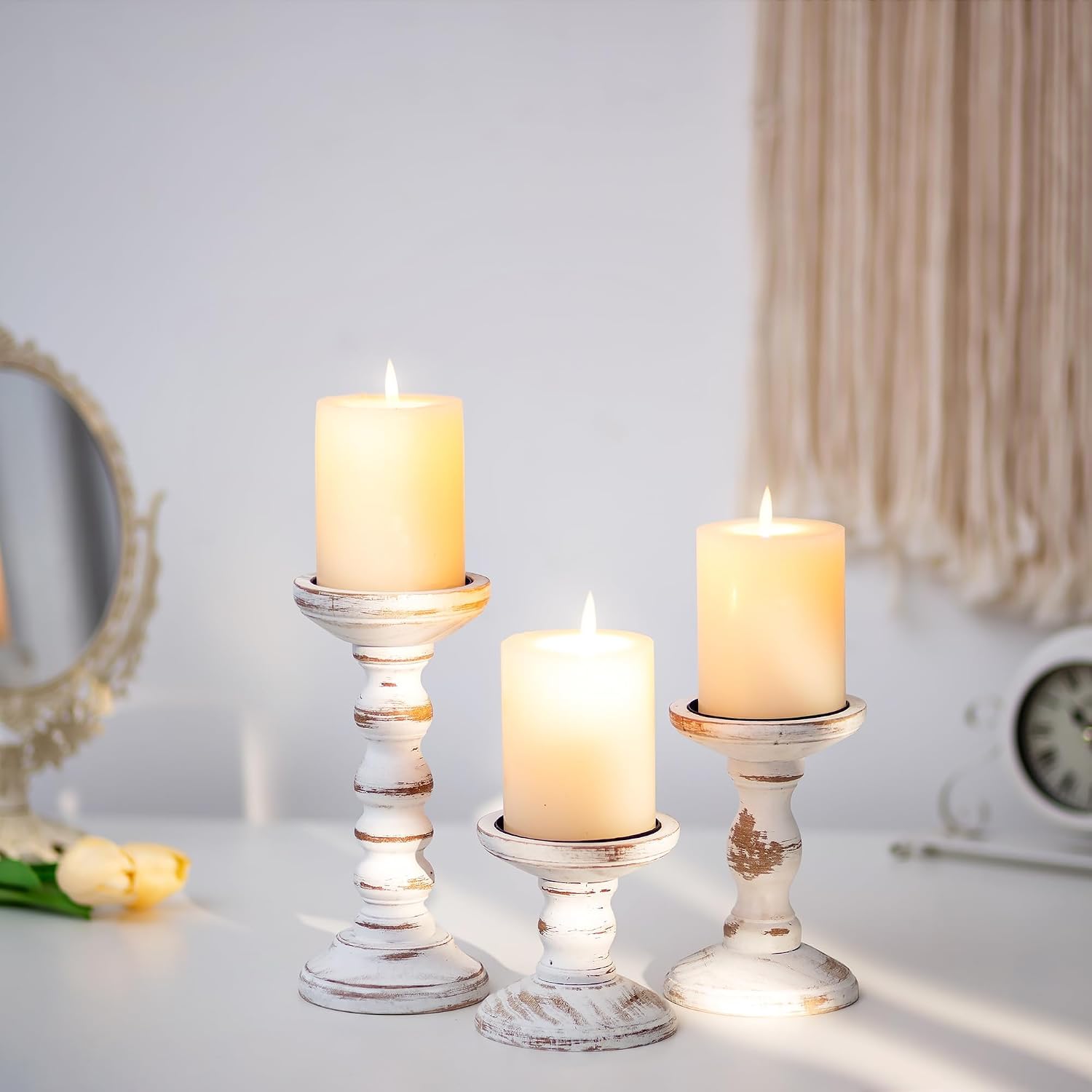 Romadedi Wood Candle Holders for Pillar Candles - Set of 3 Tall Farmhouse Wooden Candlestick Holder, Rustic Candle Stand for Fireplace Mantle Shelf Table Home Decor, Brown Whitewashed 3.9"/6"/ 8.3" - Image 9