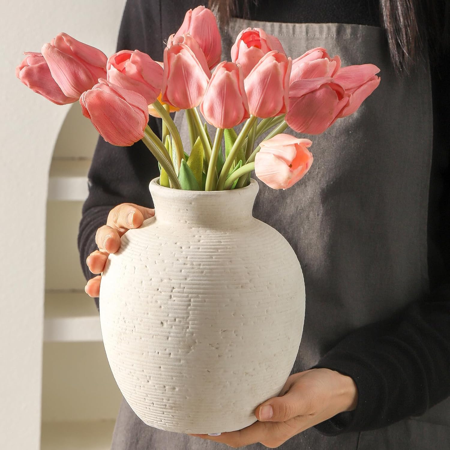 Vanselia Ceramic Flower Vase Home Decor - Farmhouse Table Vases Rustic Vintage Living Room Kitchen Bedroom Decorations for House Book Shelf Office Coffee Desk Dining Fireplace (7.4" Rustic) - Image 3