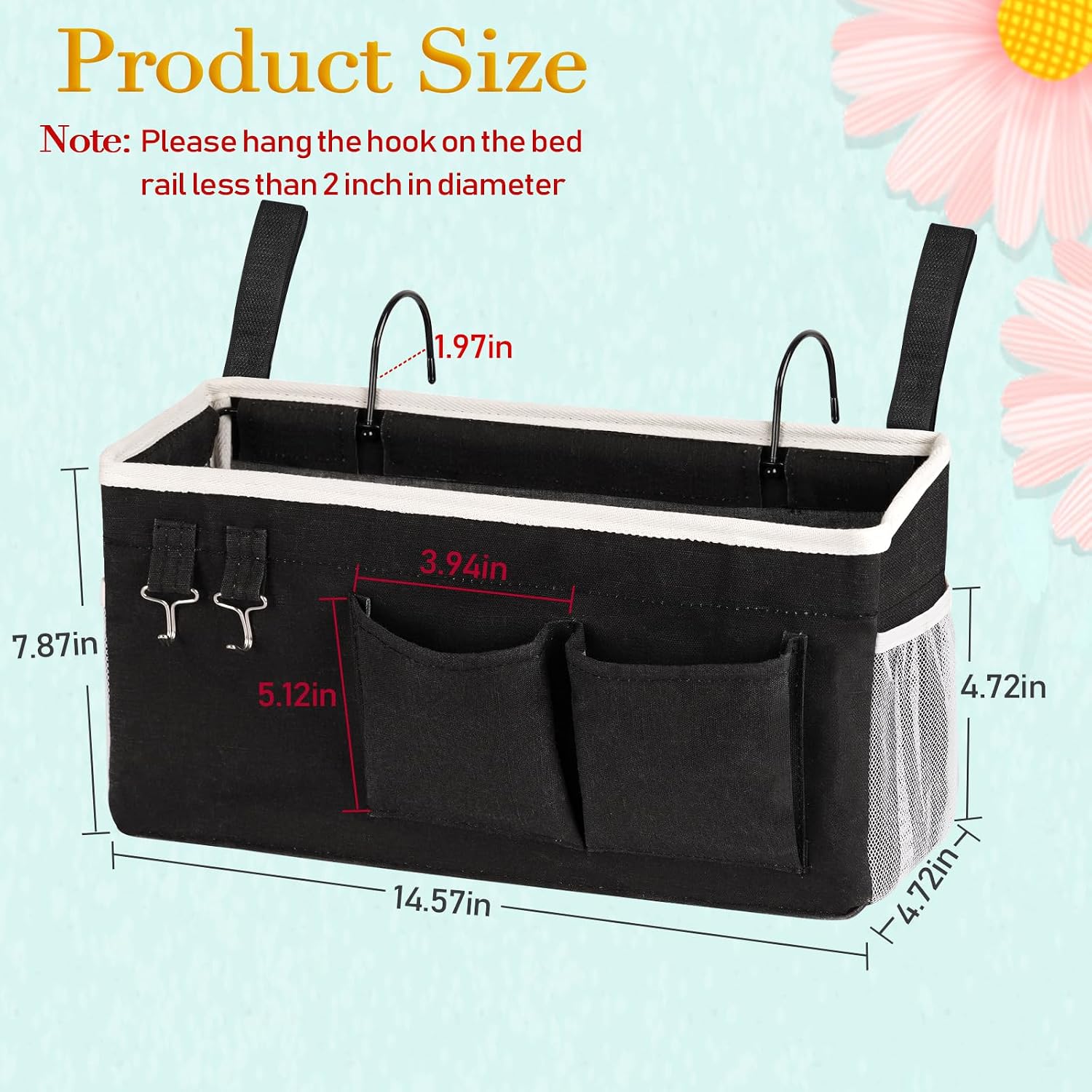 Bedside Storage Caddy/Bedside Hanging Storage Bag for Headboards Bunk Beds Dorm Rooms Book Phone Magazine Holder (Black) - Image 4