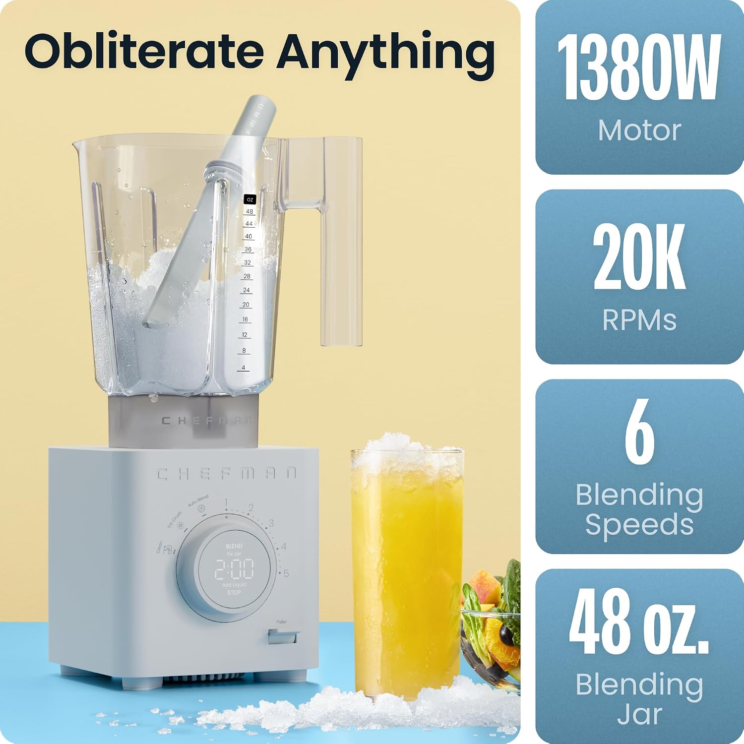 Chefman Obliterator 48 oz Countertop Blender for Smoothies, 1380W Motor to Crush Ice, Nuts, and Frozen Fruit with Stainless Steel Blade, Auto Blend Function, Includes Tamper and Scraper - Image 3