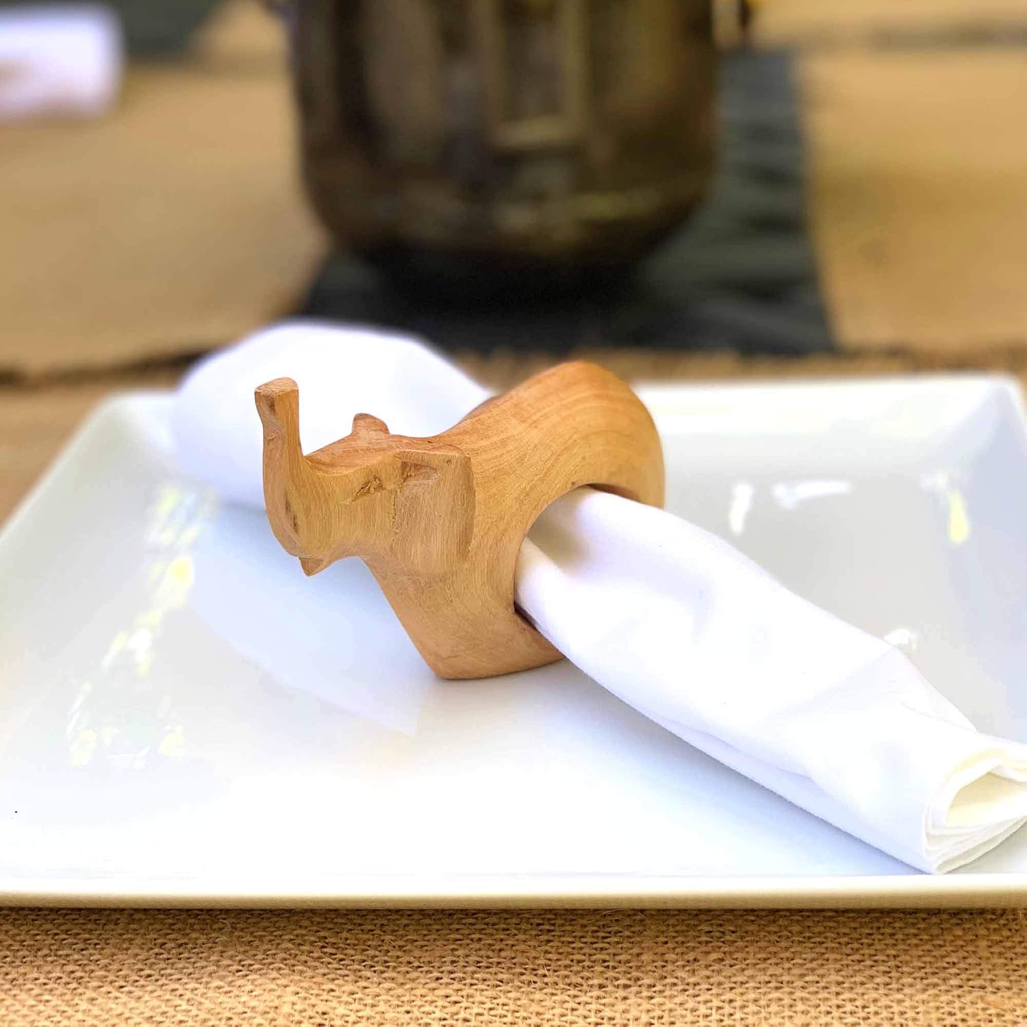 Global Crafts - Handcarved Mahogany Wooden Napkin Ring Holders, Elephant, Set of 6 - Rustic Decor - Image 3