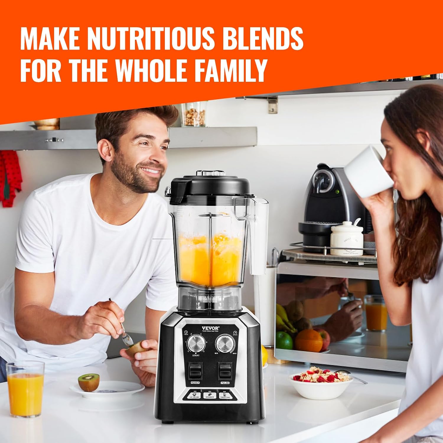 VEVOR Professional Blender, Commercial Countertop Blenders, 68 oz Jar Blender Combo, Stainless Steel 3 Functions, for Frozen Drinks, Shakes, Smoothies, Peree, and Crush Ice, Black - Image 6