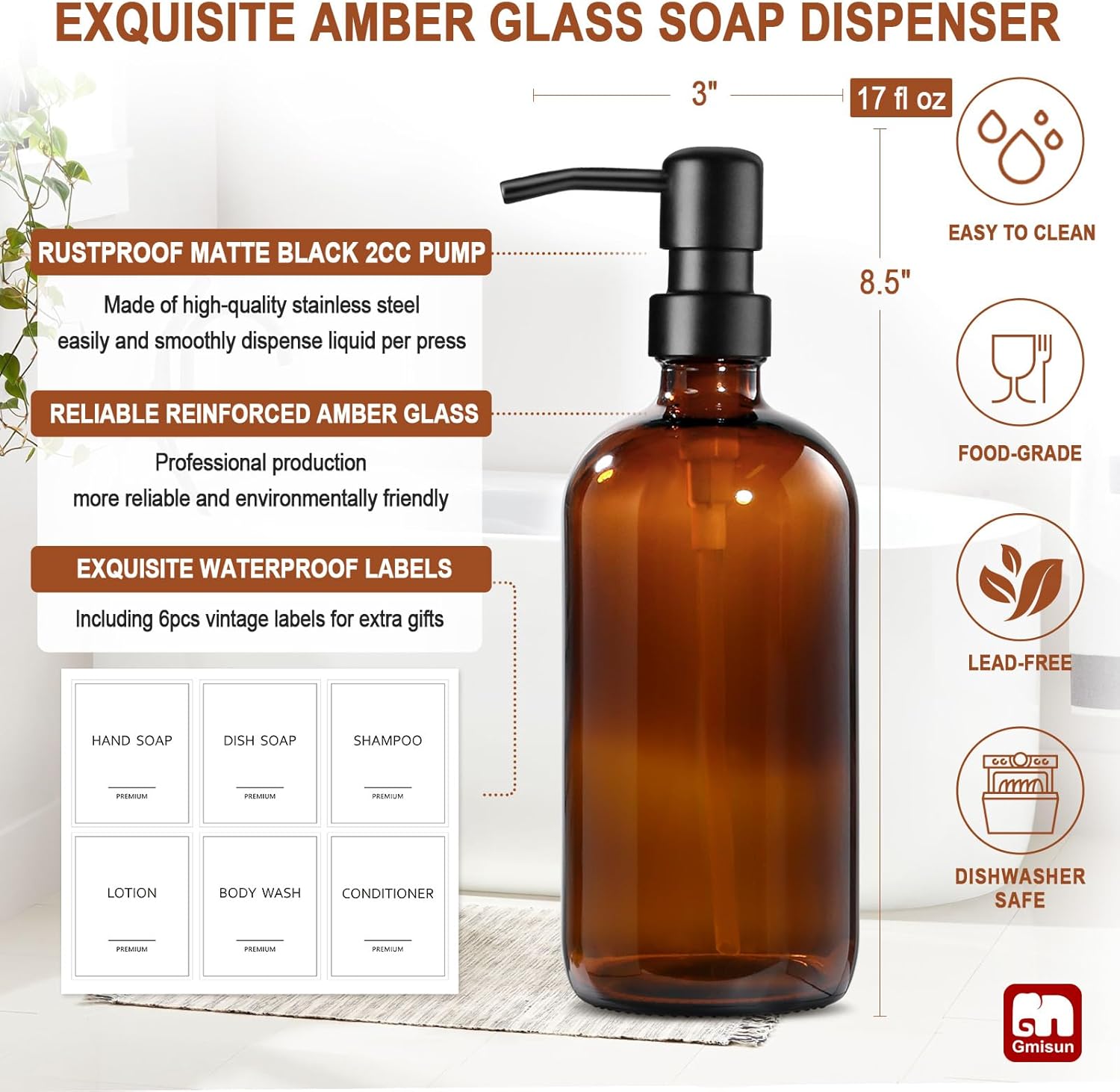 GMISUN Amber Glass Soap Dispenser, 2 Pack Bathroom Hand Soap Dispensers with Stainless Steel Pump, 17 Fl Oz Kitchen Hand and Dish Soap Dispenser Set, Modern Vintage Liquid Brown Soap Dispensers Bottle - Image 3