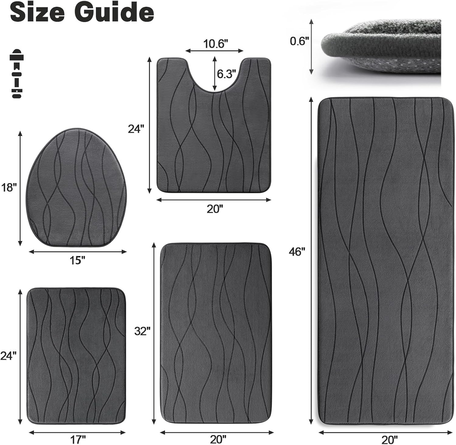 YIHOUSE Bathroom Rugs Set 5 Piece, Memory Foam Bath Mat Dark Grey | Ultra Soft, Absorbent, Non-Slip, Machine Washable, for Bathroom, Sink and Toilet - Image 2