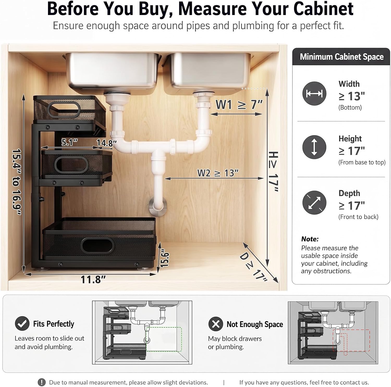 Under Sink Organizer, 3 Tier Pull Out Cabinet Organizer with 5 Adjustable Heights, Metal Under Sink Storage with Sliding Drawers for Kitchen, Bathroom, Pantry and Laundry Room, 2-Pack Black - Image 2