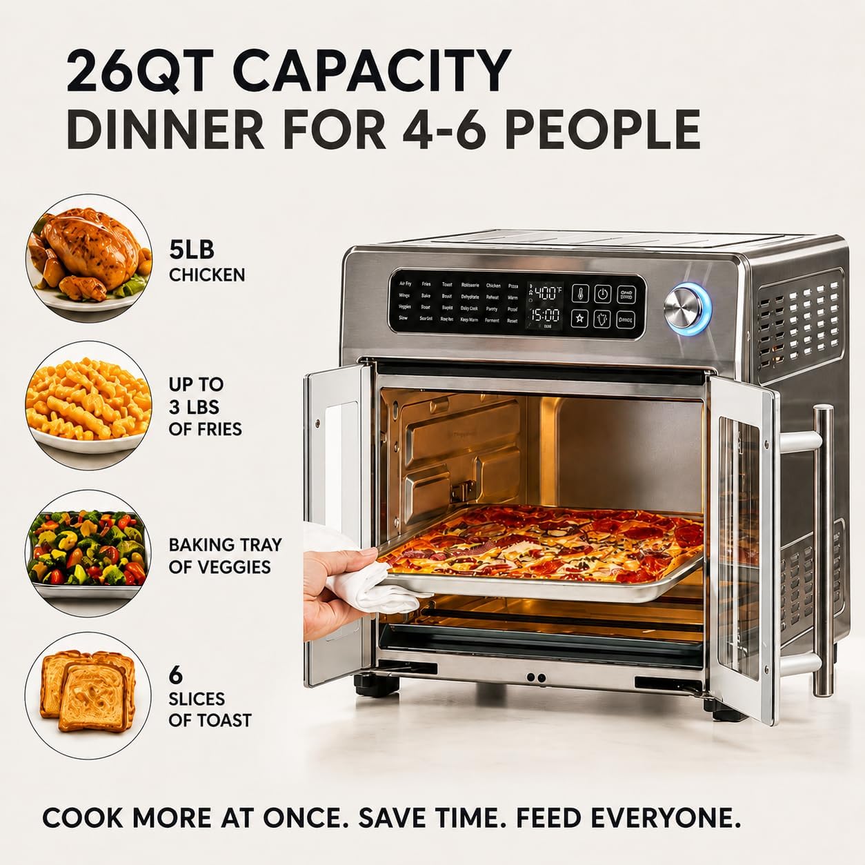 Emeril Lagasse Extra Large French Door Air Fryer Toaster Oven Combo, 24 Cooking Functions and Digital Controls, 7 Accessories Included, Stainless Steel Finish, 26QT Capacity - Image 5