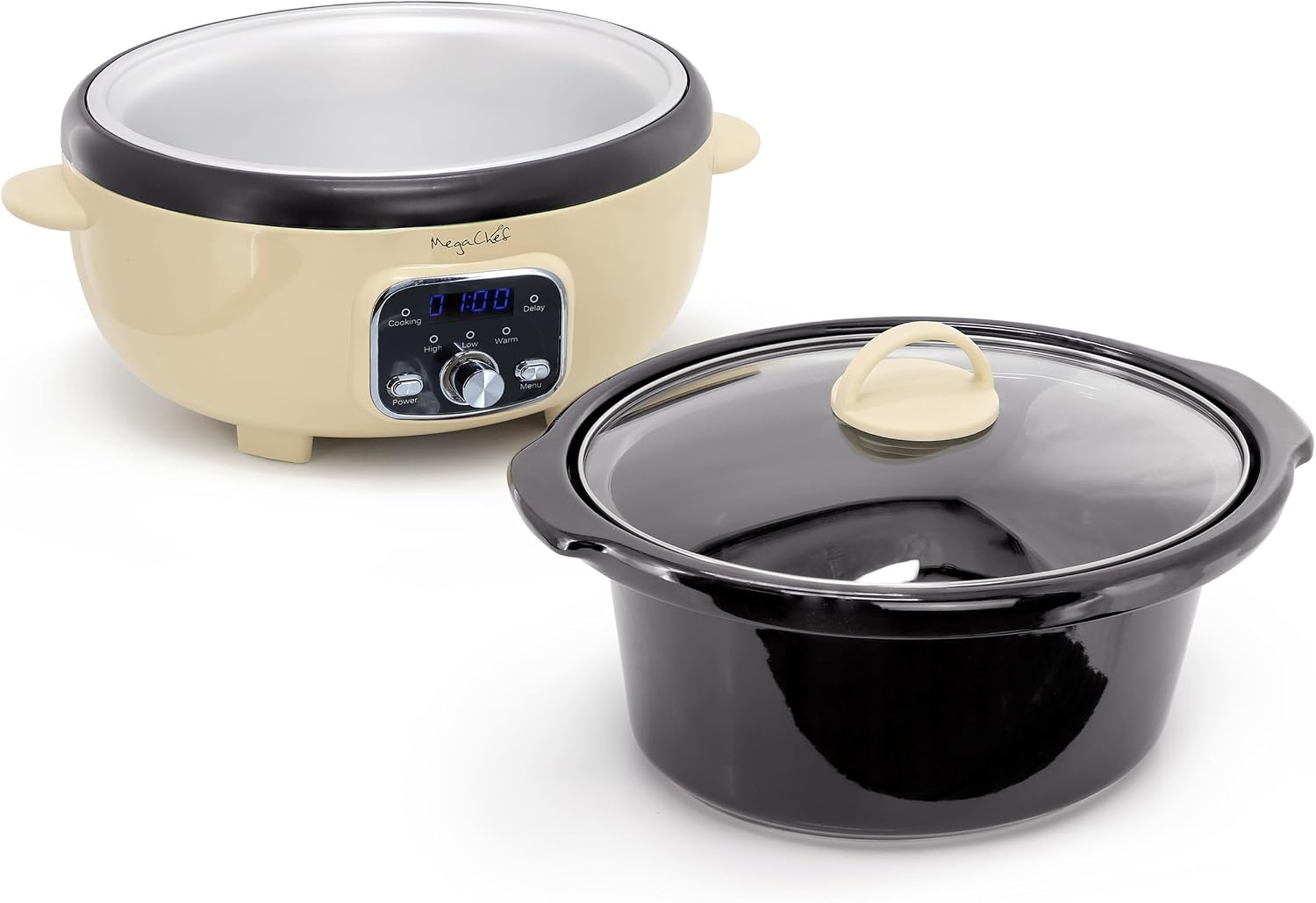 MegaChef 3.7 Quart Oval Electric Digital Slow Cooker with Black Stoneware Crock, Adjustable Timer & Temperature Control, Delay, High, Low & Warm Settings - Versatile Cooking Appliance (Cream) - Image 3