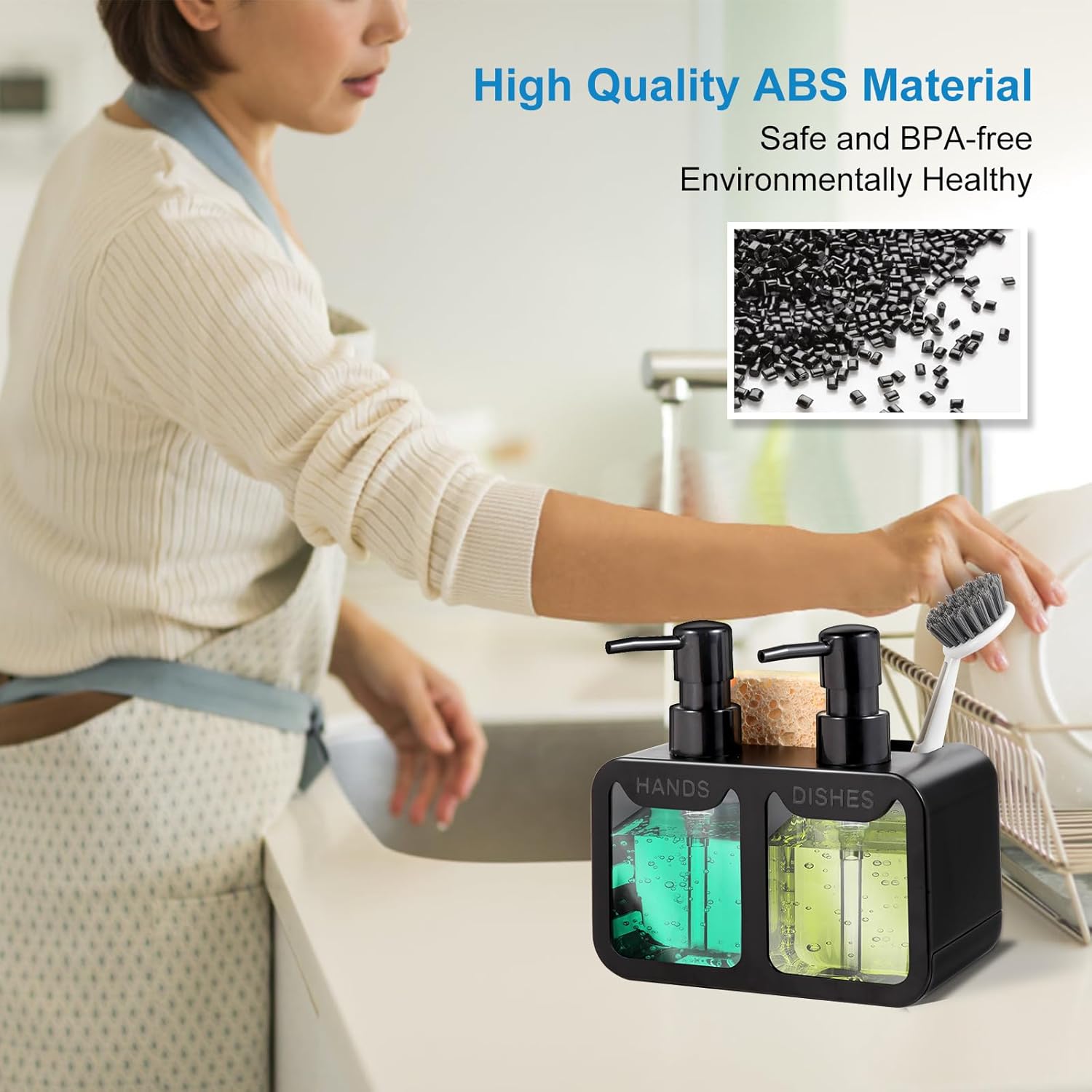 Kitchen Soap Dispenser Set, with Hand and Dish Soap, Sponge Caddy and Brush Holder 4-in-1 Kitchen Dual Soap Dispenser Set for Kitchen Sink, Bathroom - Black - Image 3