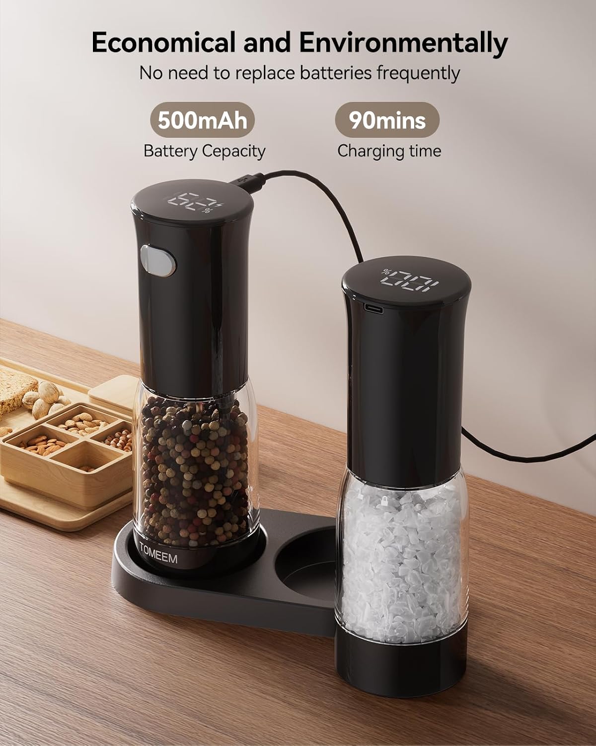 TOMEEM Electric Salt and Pepper Grinder Set – Rechargeable with LED Power Indicator, 5-Level Adjustable Grinding, LED Light, 4.5oz Large Capacity Salt and Pepper Shakers with Storage Base - Image 3