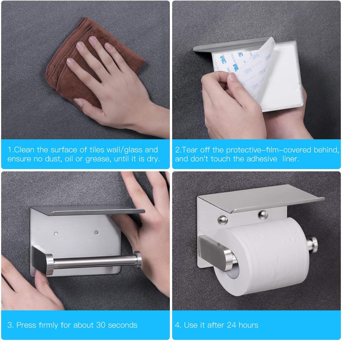 VAEHOLD Self Adhesive Toilet Paper Holder with Phone Shelf Stainless Steel Wall Mounted Toilet Paper Roll Holder - Rustproof and Bathroom Washroom Tissue Roll Holder with Storage Shelf - Silver - Image 6