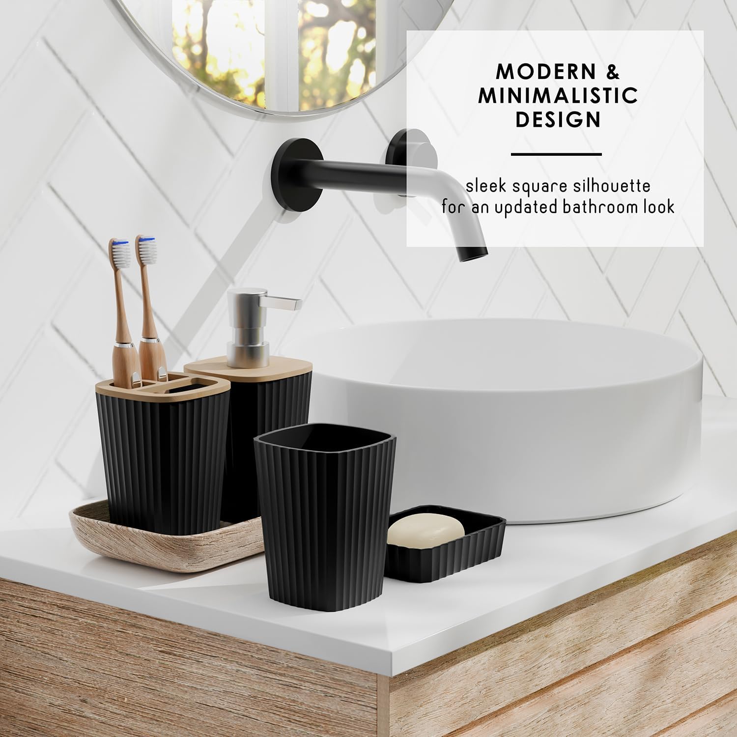 Clara Clark Bathroom Accessories Set - Bathroom Set, Bathroom Accessory Set, Shower Curtain Set, Toilet Brush, Trash Can & Soap Dispenser - Black - 20PC - Image 8