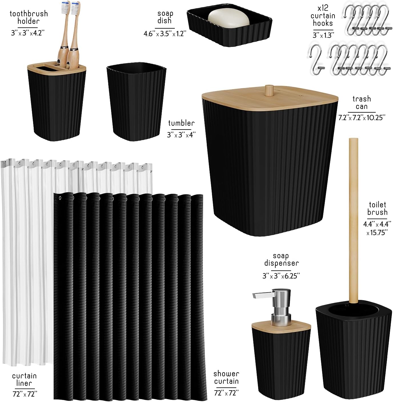 Clara Clark Bathroom Accessories Set - Bathroom Set, Bathroom Accessory Set, Shower Curtain Set, Toilet Brush, Trash Can & Soap Dispenser - Black - 20PC - Image 2