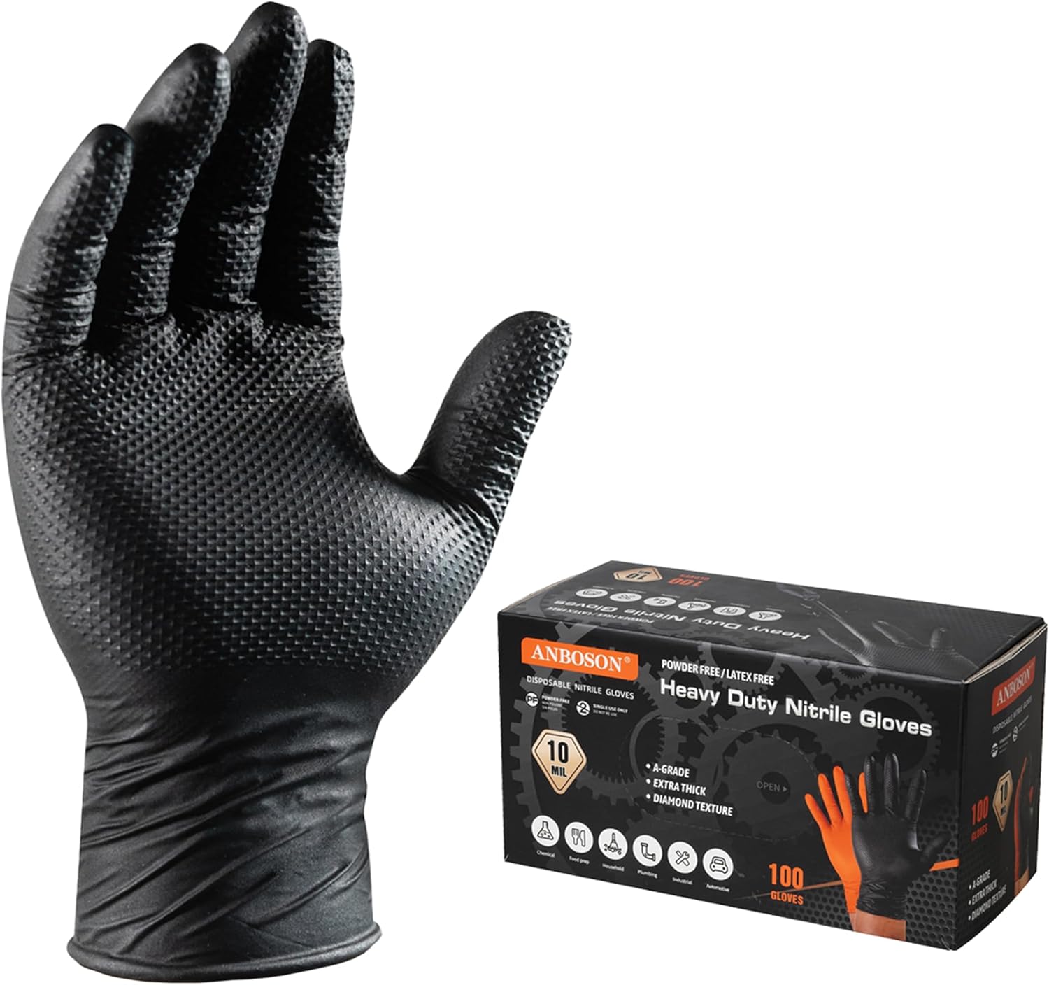 ANBOSON 10 Mil Heavy Duty Diamond Texture Nitrile Gloves, X-Large, 100 Ct | 10 Mil Diamond Grip, Heavy Duty Protection, Industrial Work, Automotive Repair, Mechanics, Equipment Maintenance, Secure Grip