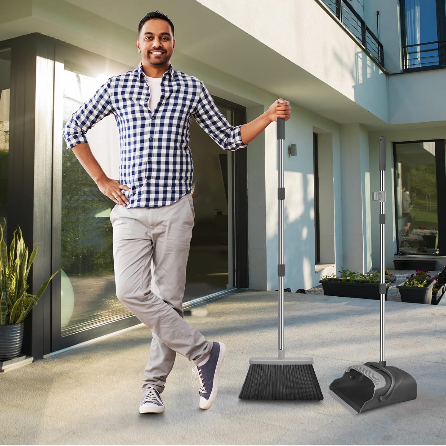 Broom and Dustpan Set for Home, Office, Indoor&Outdoor Sweeping, Stand Up Broom and Dustpan (Black&Gray) - Image 7