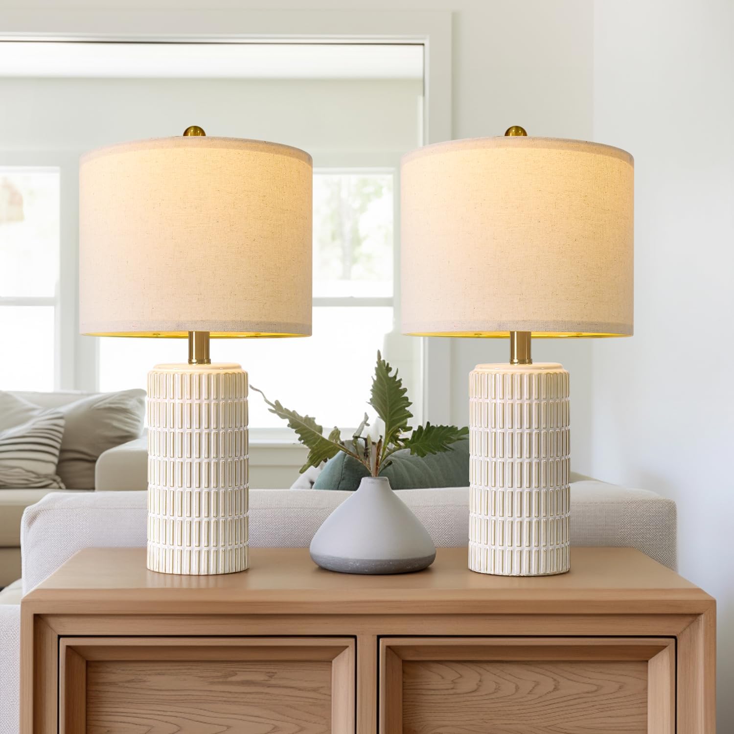 PoKat 20.75" Small Modern Ceramic Table Lamps Set of 2 for Bedroom, White Bedside Lamps for Night Stands, Farmhouse Desk Home Decor Gift Nightstand Table Lamps for Living Room End Table Beige - Image 7