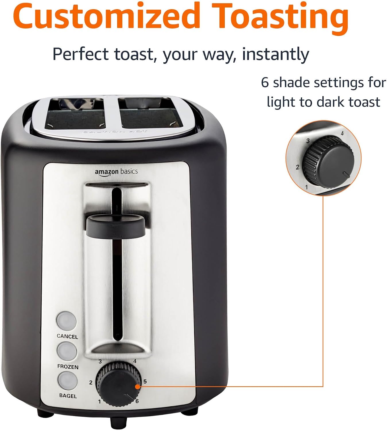 Amazon Basics 2 Slice Toaster, Extra Wide Slots for Bagels, 6 Browning Settings, Removable Crumb Tray, Defrost/Cancel/Bagel Buttons, Cord Wrap, 900W, Black & Silver - Image 2